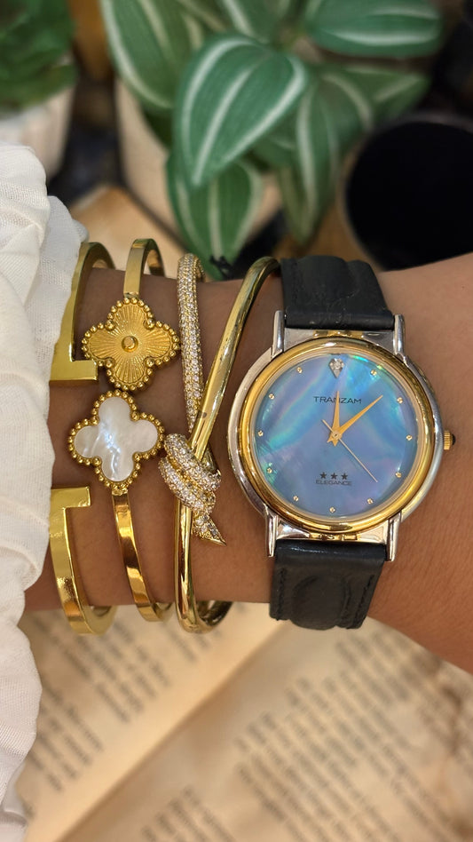 Vintage Tranzam Elegance Watch in Black Leather Straps Ocean Blue Mother of Pearl Dial (43,000¥ on tag)