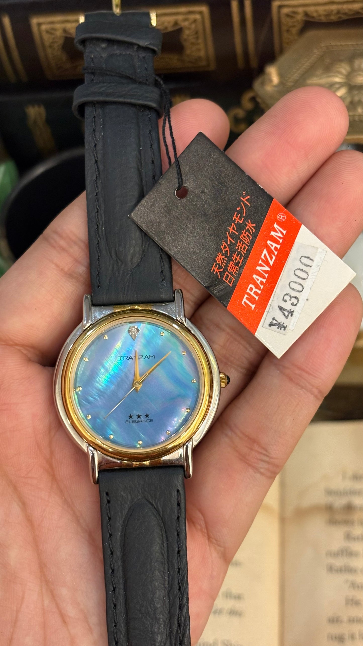 Vintage Tranzam Elegance Watch in Black Leather Straps Ocean Blue Mother of Pearl Dial (43,000¥ on tag)