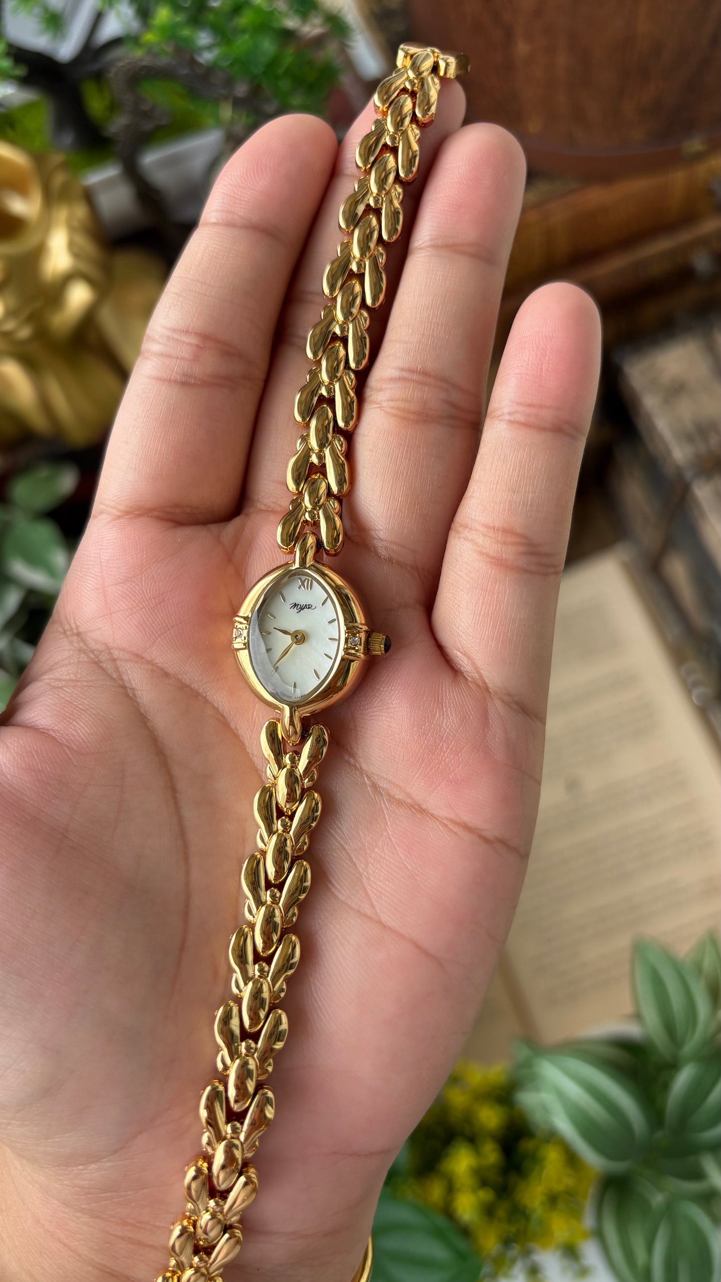 Vintage Myar Swiss Rhinestone Watch in Gold Tone Oval Dial Mother of Pearl Dial Quartz