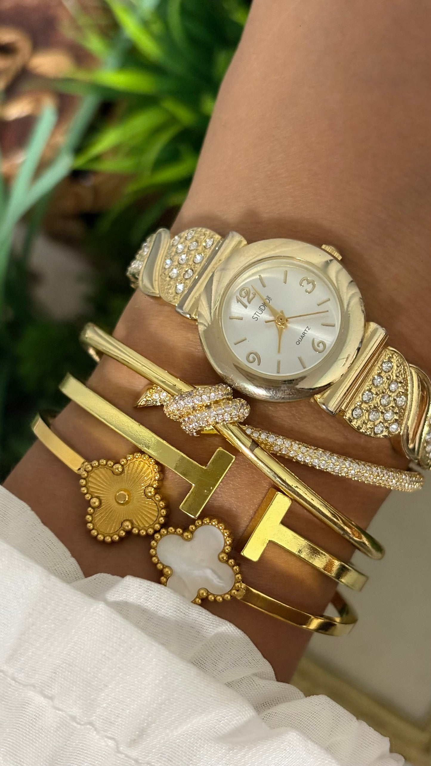 Vintage Studio Expandable Bejeweled Watch in Gold Tone