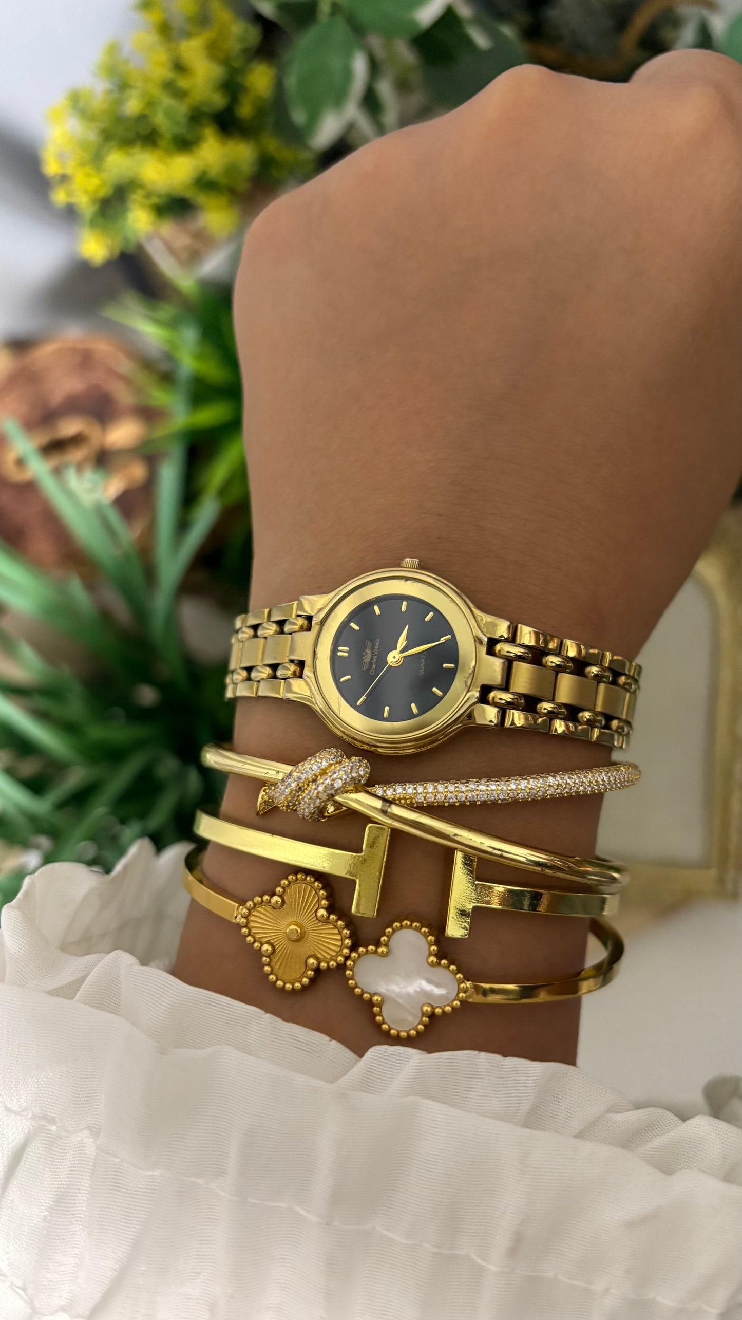 Vintage Charles Vogele Watch in Gold Tone Black Dial