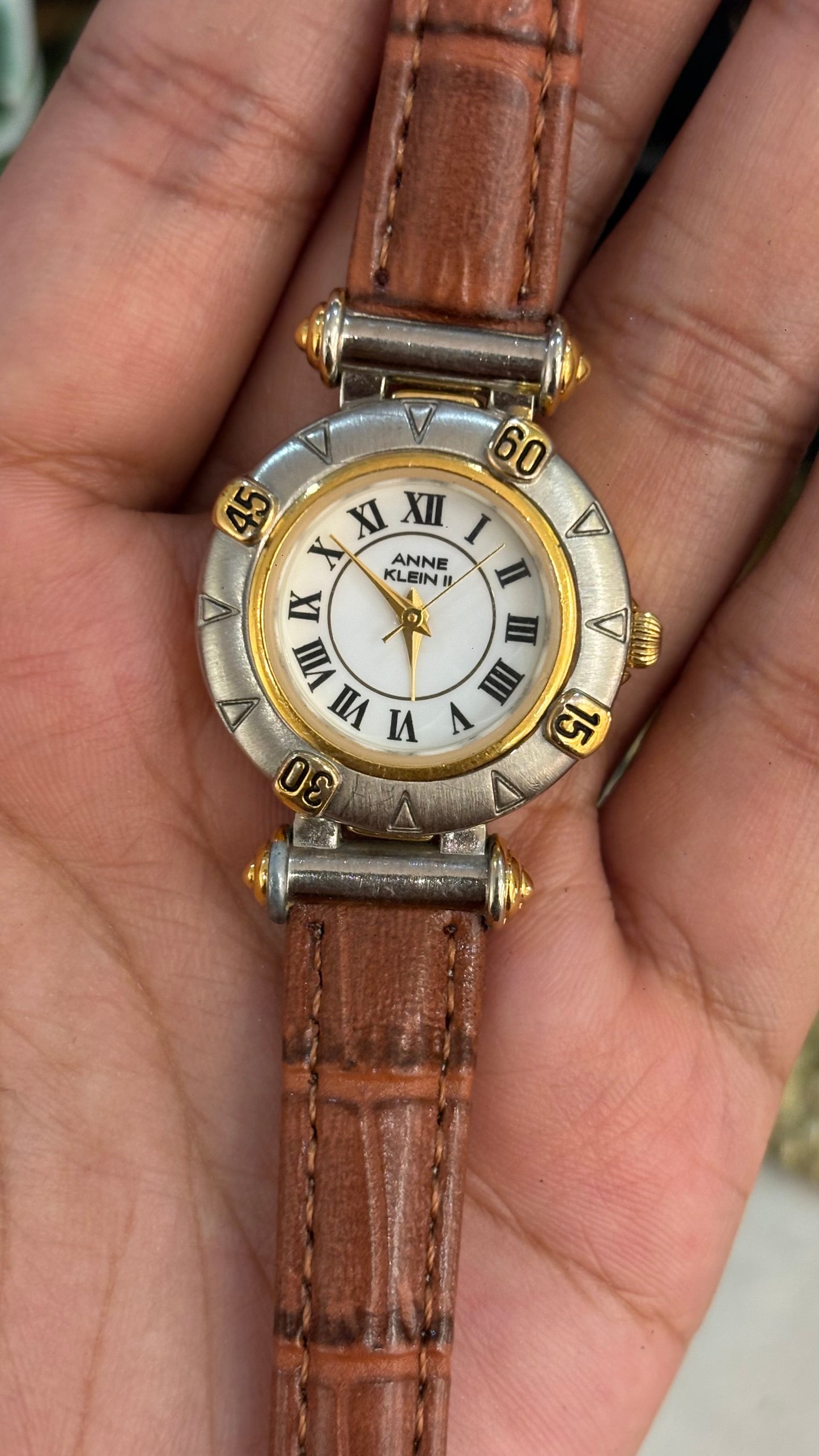 Vintage Anne Klein Watch Roman Dial in Brown Leather Straps