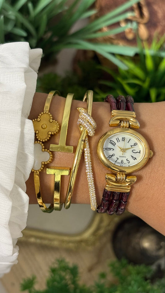 Vintage Oval Stoned Watch Mother of Pearl Dial in Gold Tone