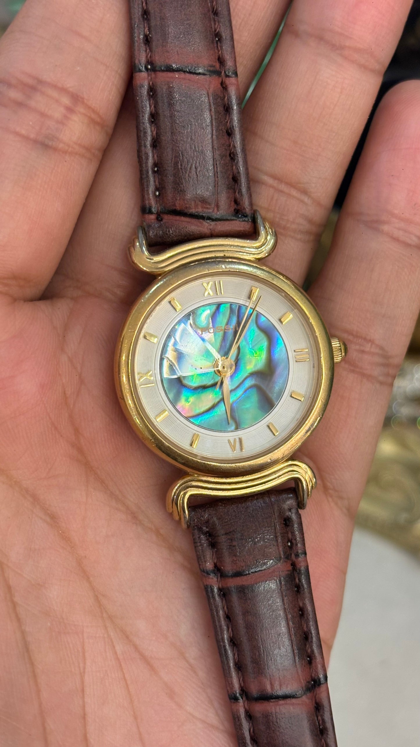 Vintage Fossil Watch Abalone Shell Dial in Brown Leather Strap Diacut Glass