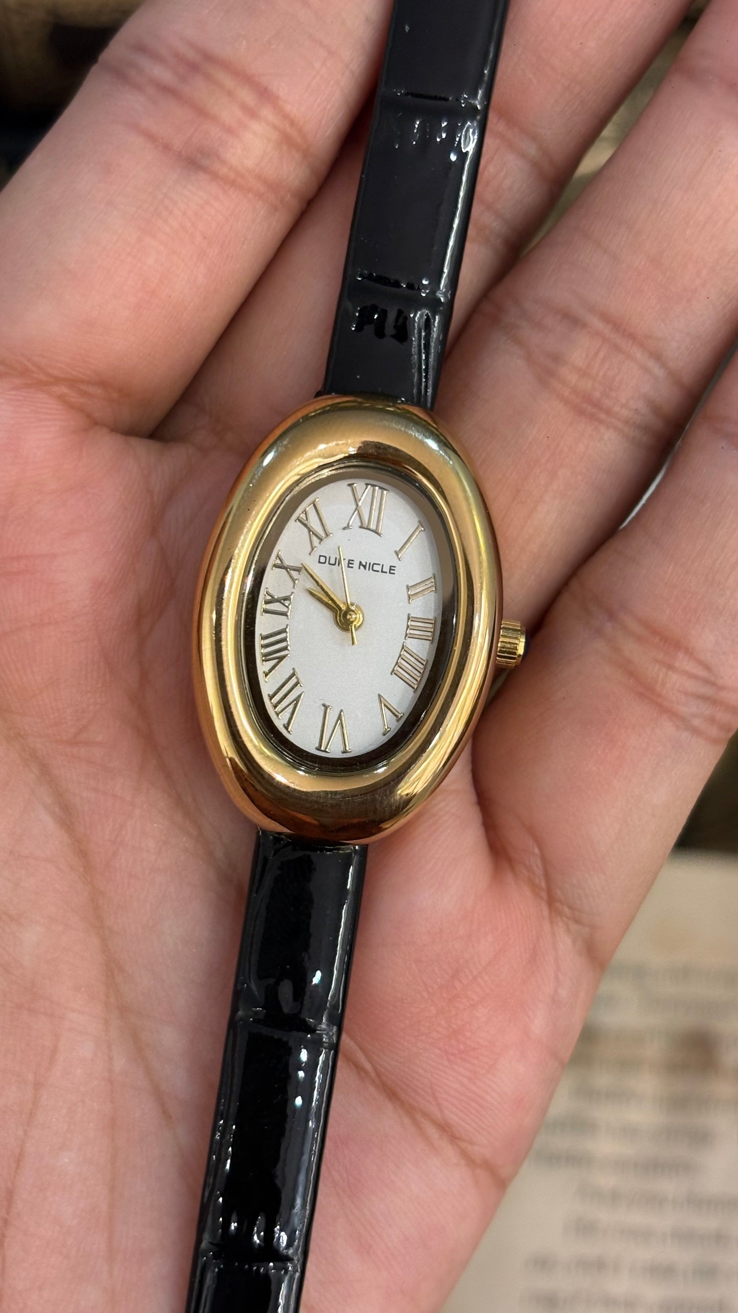 Vintage Duke Nicle Baignoire Roman Dial Watch in Black Leather Straps