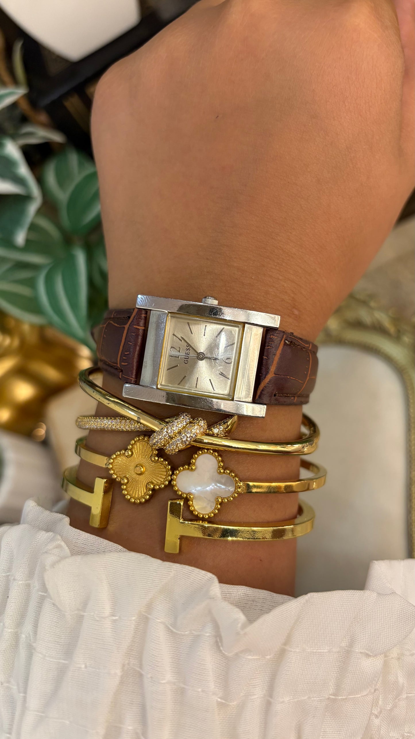 Vintage Guess Tank Watch in Brown Leather Strap