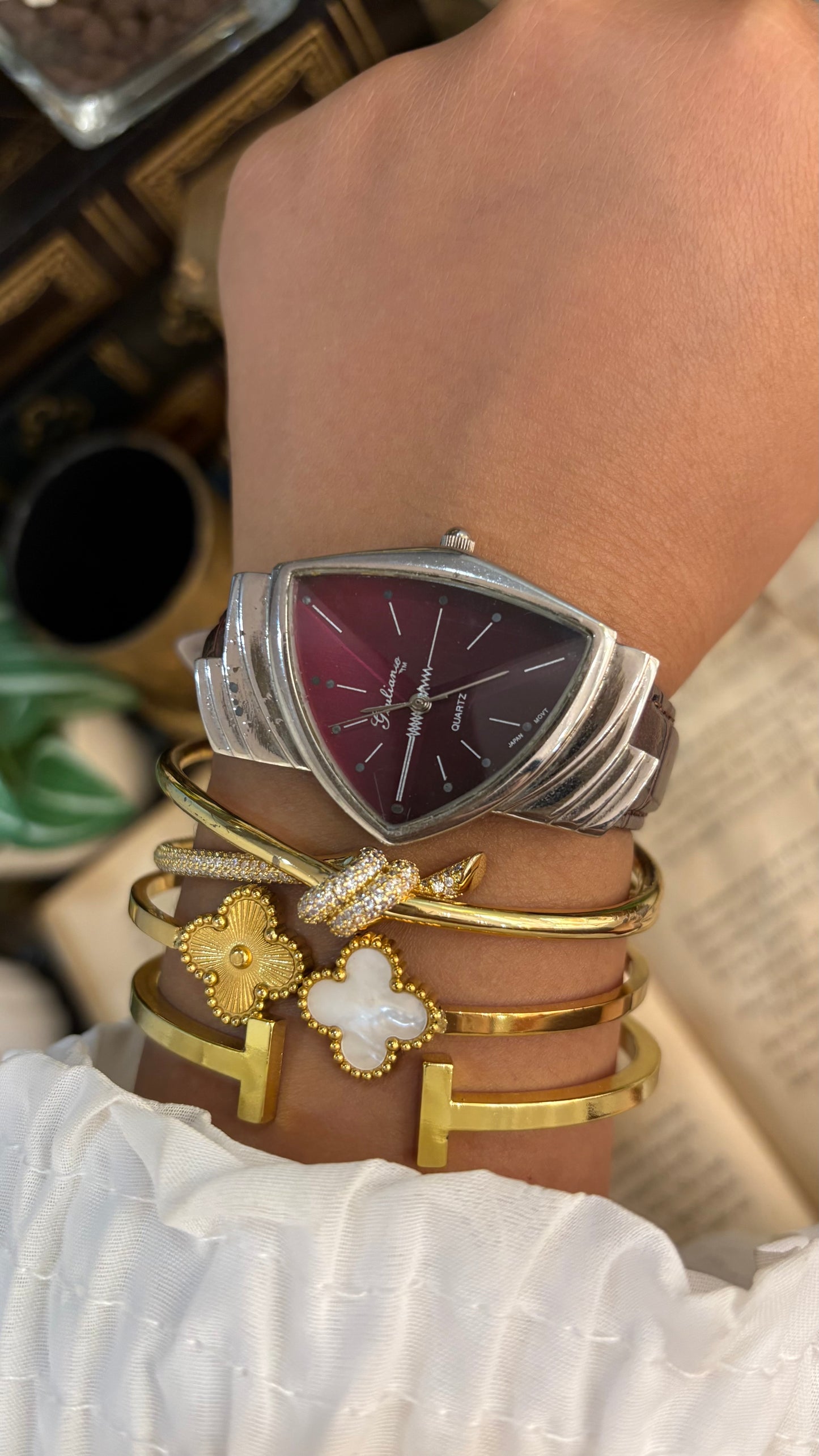Vintage Giuliano Burgundy Half Moon Watch in Brown Leather Straps