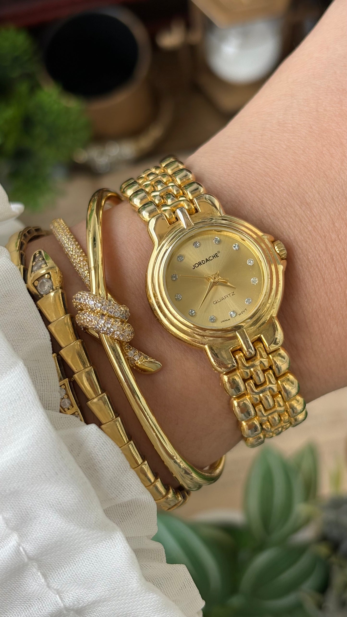 Vintage Jordache Rhinestone Indices Watch in Gold Quartz