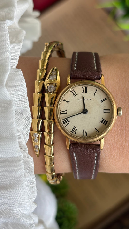 Extremely Rare Vintage Sandoz Women’s Dress Watch in Brown Leather Strap Roman Dial