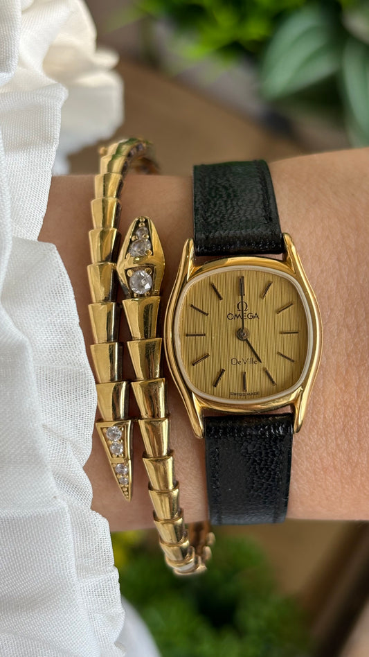 Vintage Omega De Ville Dainty Women's Dress Watch in Black Leather Strap Golden Textured Dial with Omega Box