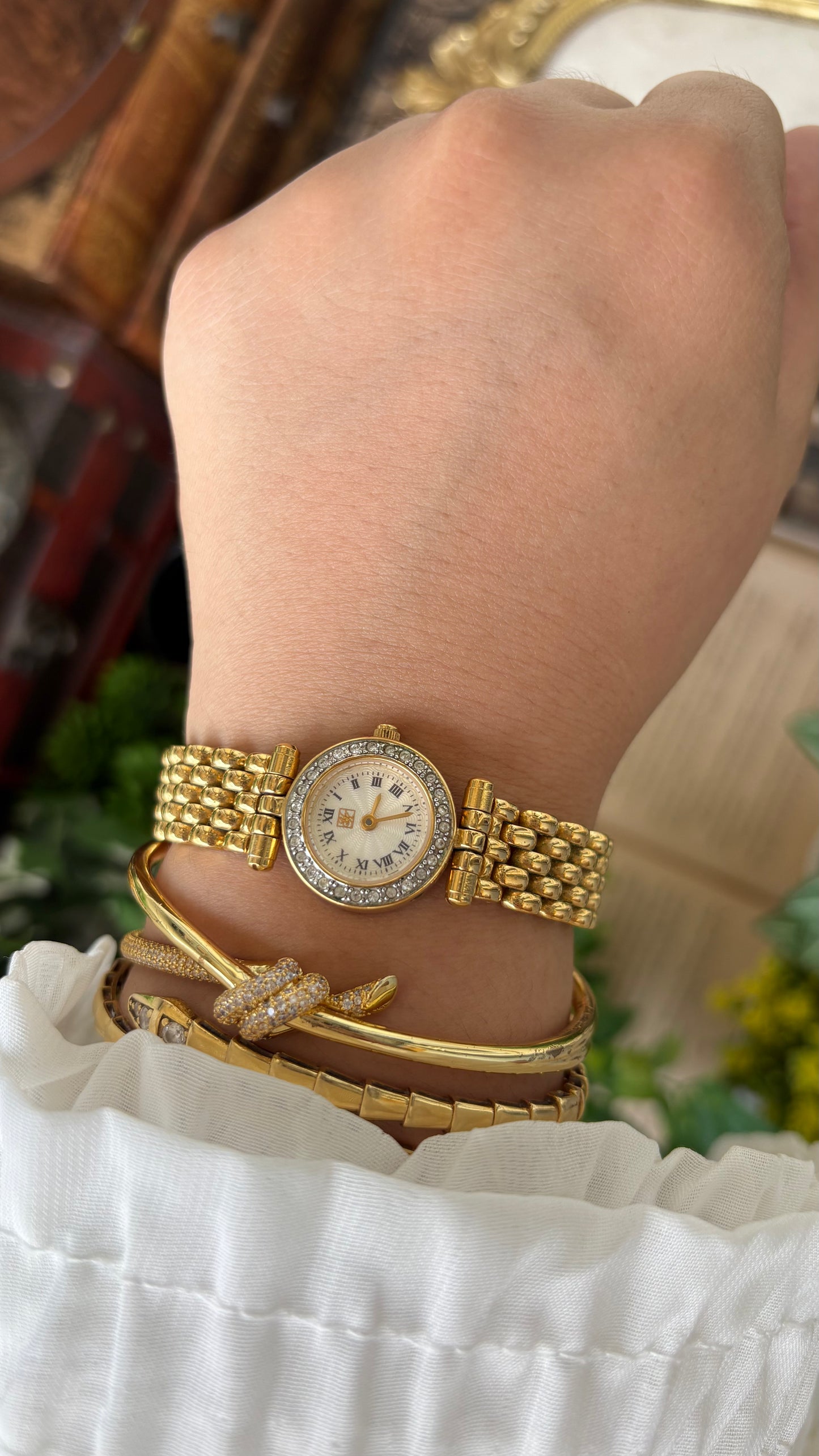 Rare Vintage Yumiko Kimijima Rhinestone Bezel Watch in Gold Tone Quartz