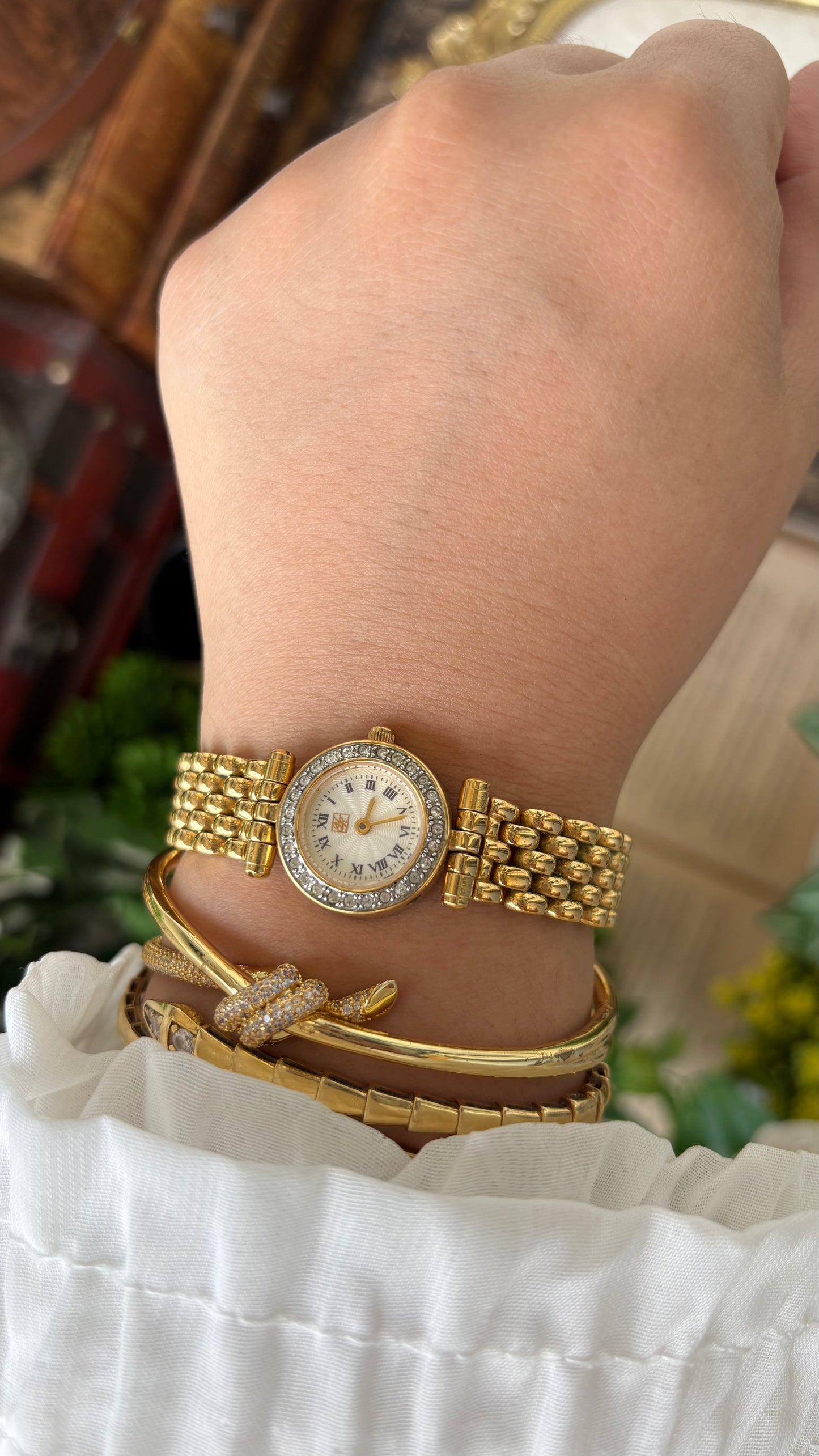 Rare Vintage Yumiko Kimijima Rhinestone Bezel Watch in Gold Tone Quartz