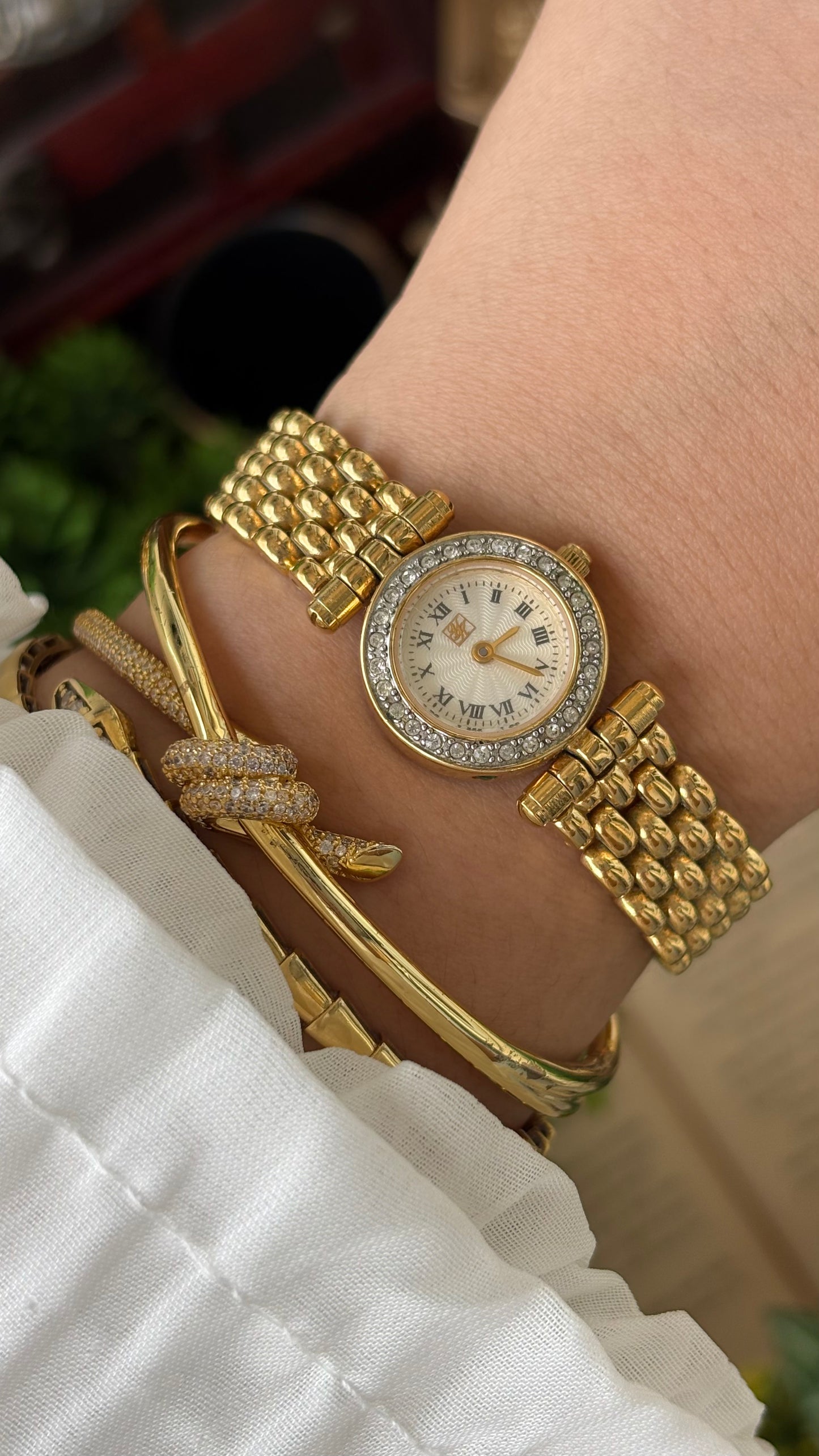 Rare Vintage Yumiko Kimijima Rhinestone Bezel Watch in Gold Tone Quartz