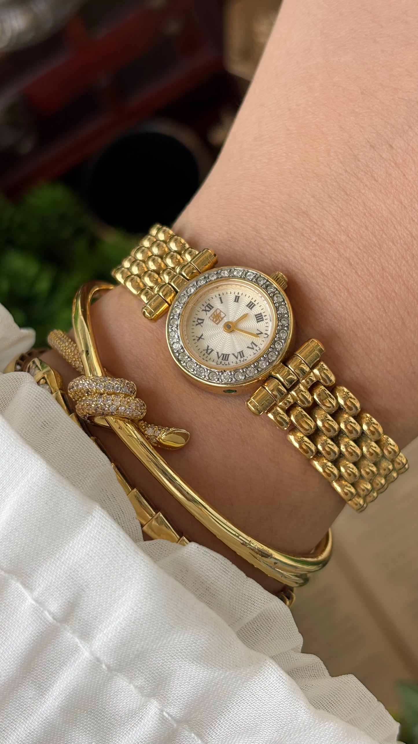 Rare Vintage Yumiko Kimijima Rhinestone Bezel Watch in Gold Tone Quartz