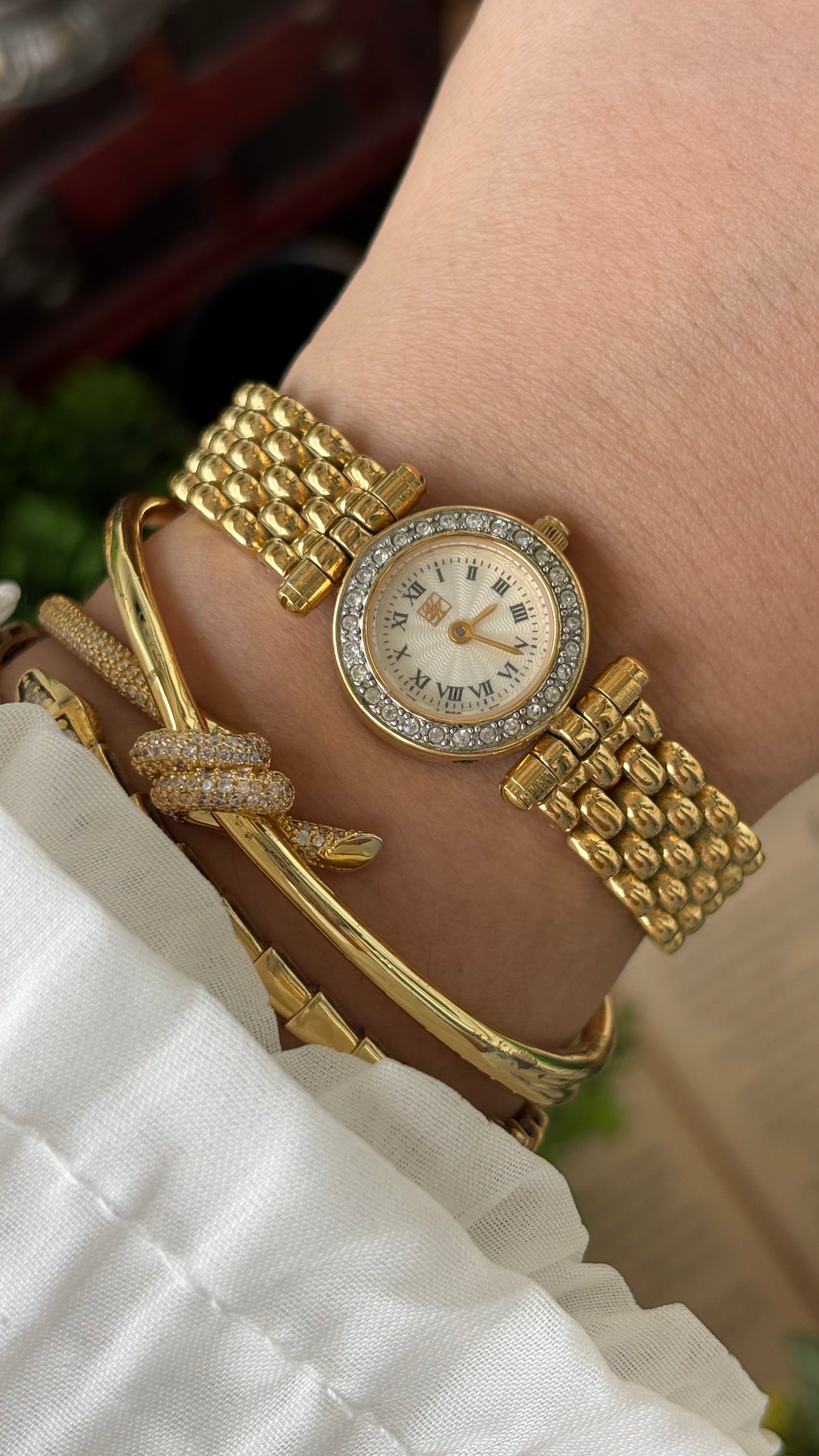 Rare Vintage Yumiko Kimijima Rhinestone Bezel Watch in Gold Tone Quartz