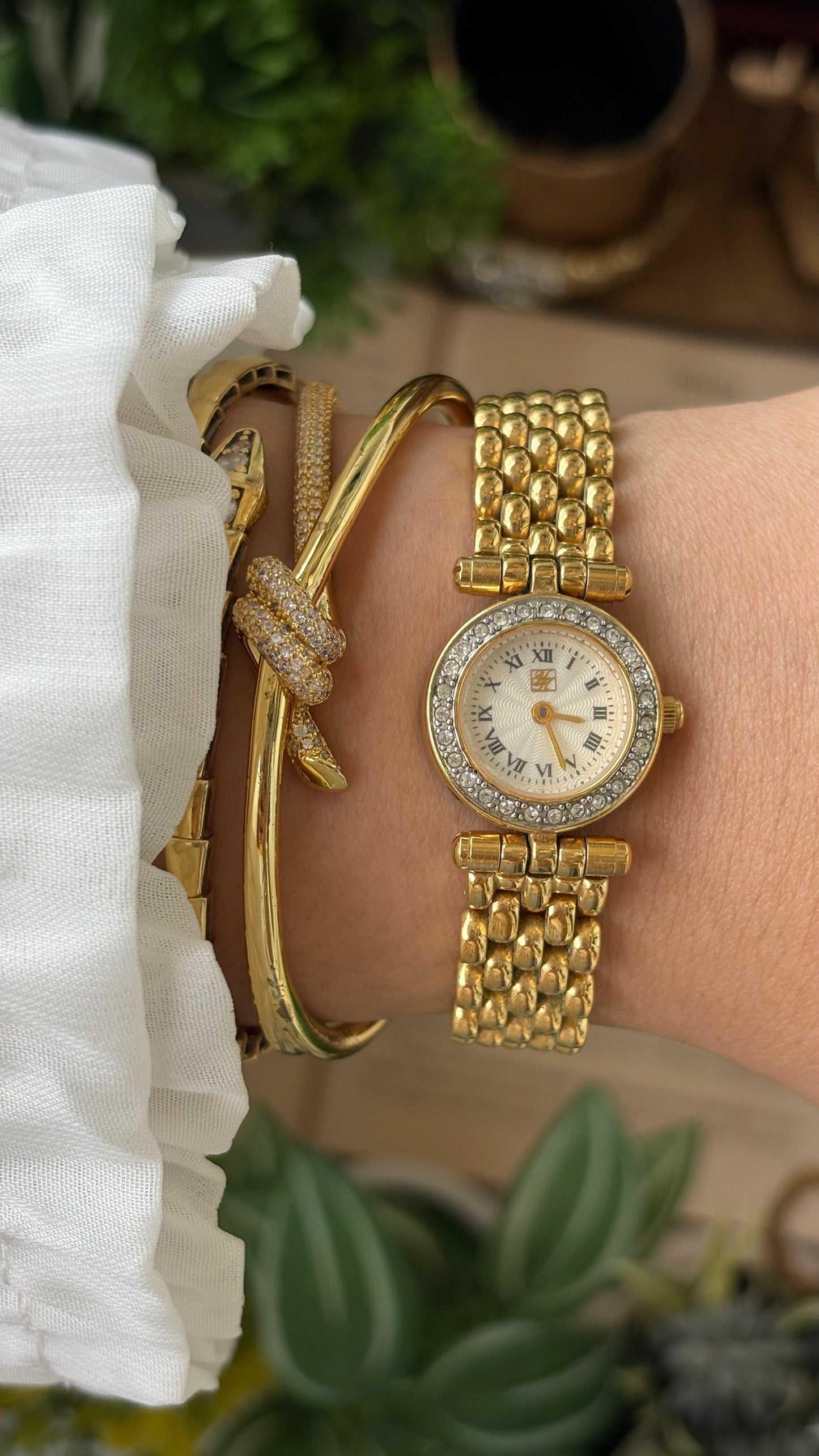 Rare Vintage Yumiko Kimijima Rhinestone Bezel Watch in Gold Tone Quartz