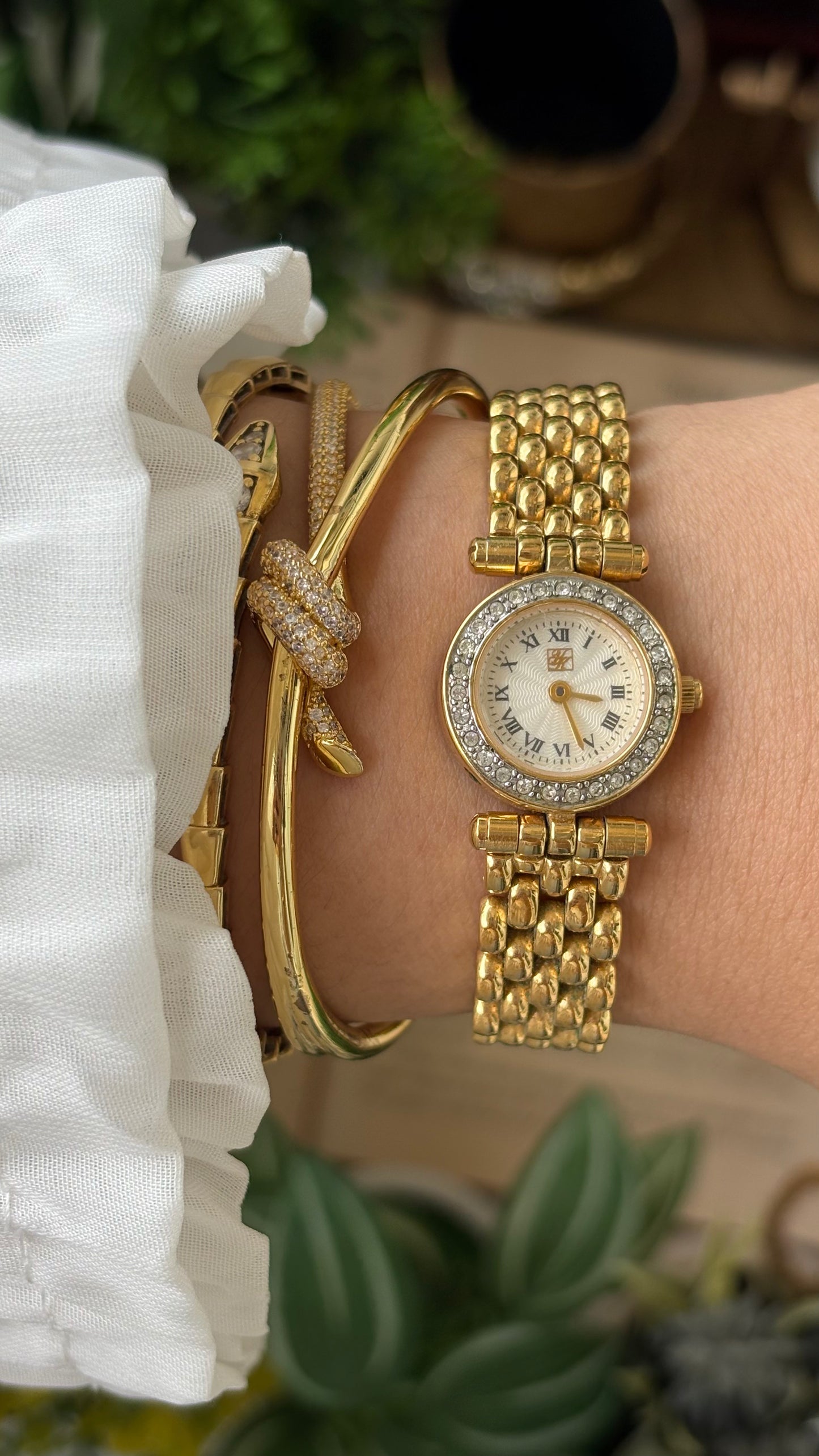 Rare Vintage Yumiko Kimijima Rhinestone Bezel Watch in Gold Tone Quartz