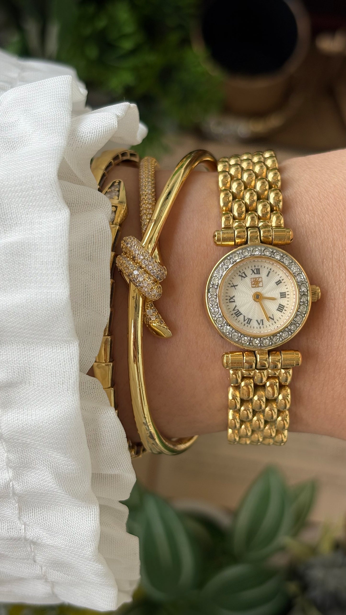 Rare Vintage Yumiko Kimijima Rhinestone Bezel Watch in Gold Tone Quartz