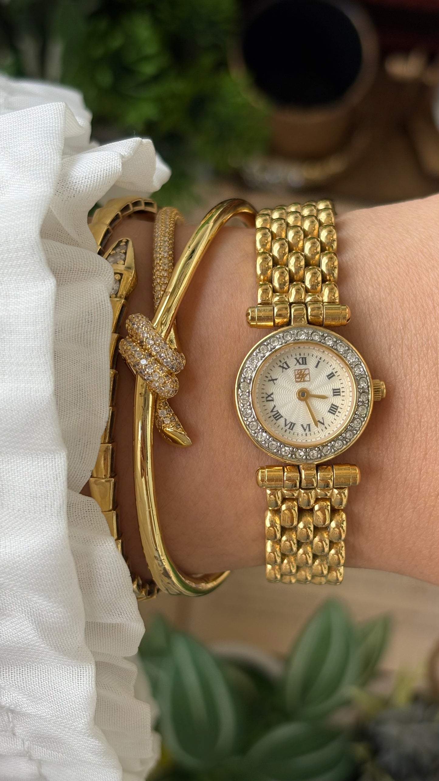 Rare Vintage Yumiko Kimijima Rhinestone Bezel Watch in Gold Tone Quartz