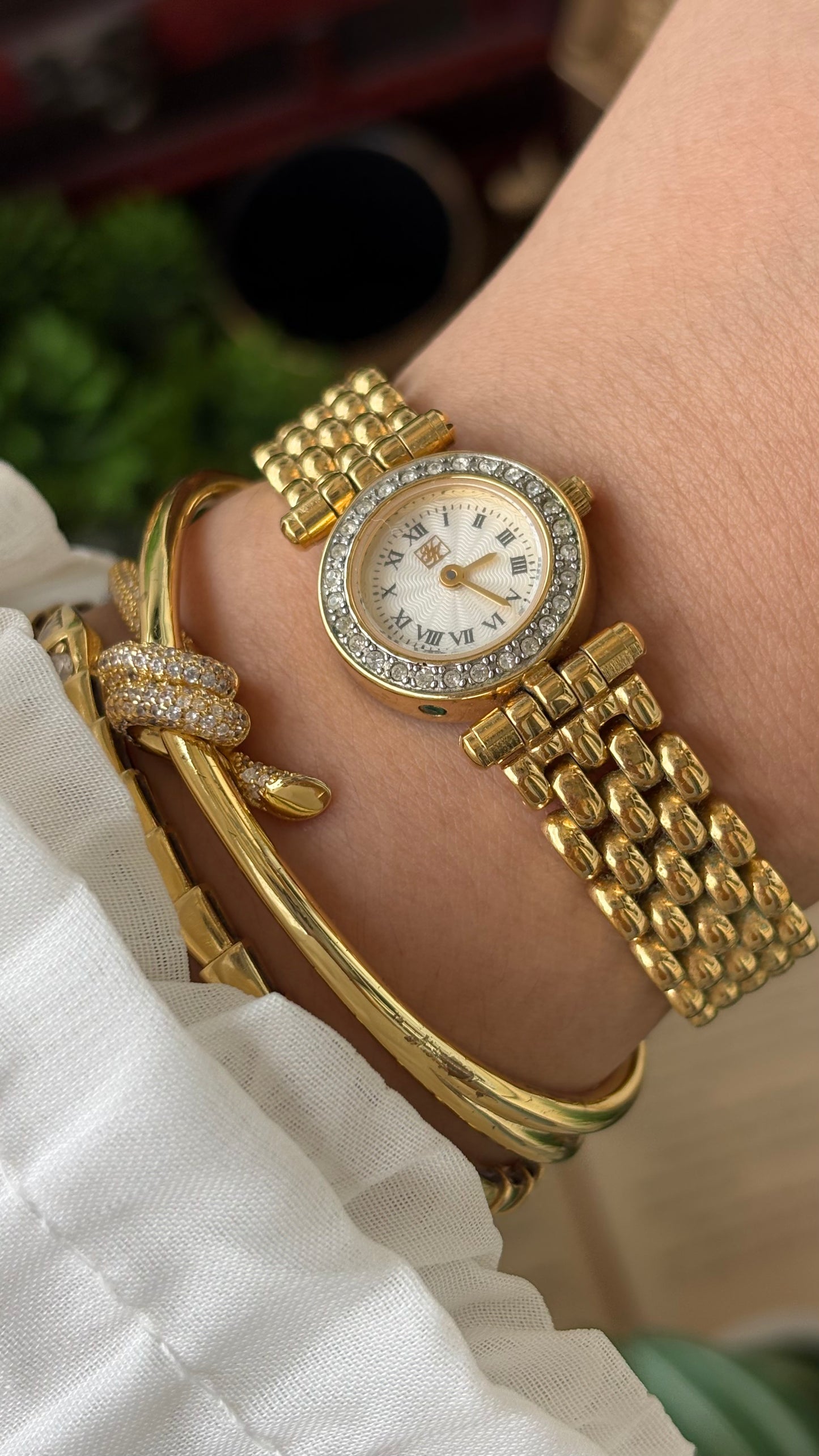 Rare Vintage Yumiko Kimijima Rhinestone Bezel Watch in Gold Tone Quartz