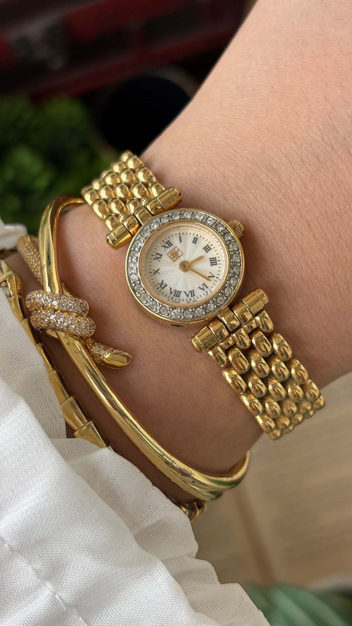 Rare Vintage Yumiko Kimijima Rhinestone Bezel Watch in Gold Tone Quartz