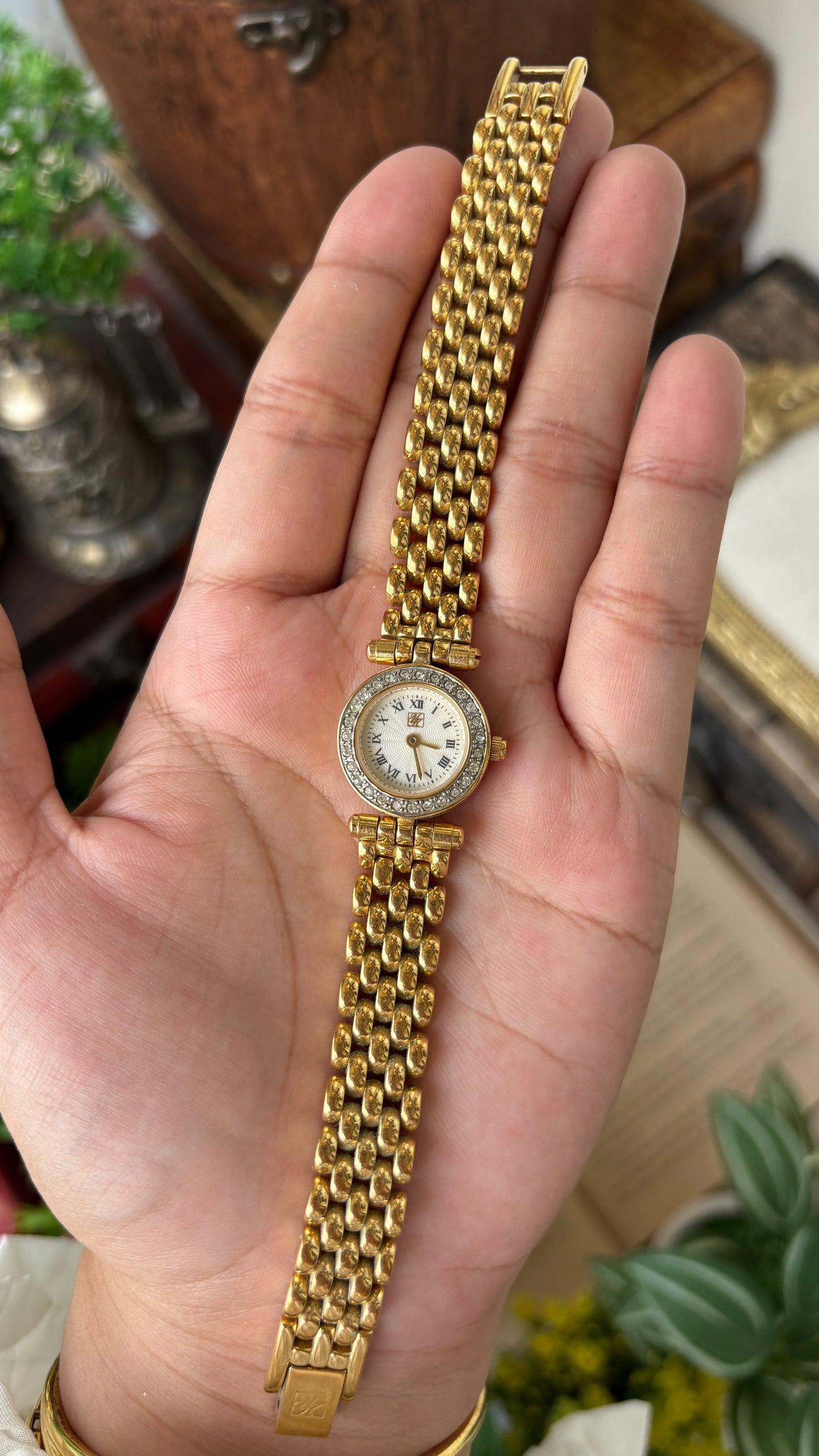 Rare Vintage Yumiko Kimijima Rhinestone Bezel Watch in Gold Tone Quartz