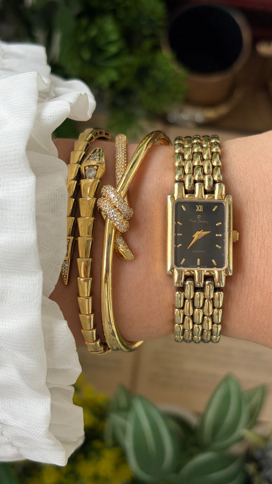 Vintage Pierre Cardin Swiss Tank Watch in Gold Tone Black Dial Quartz