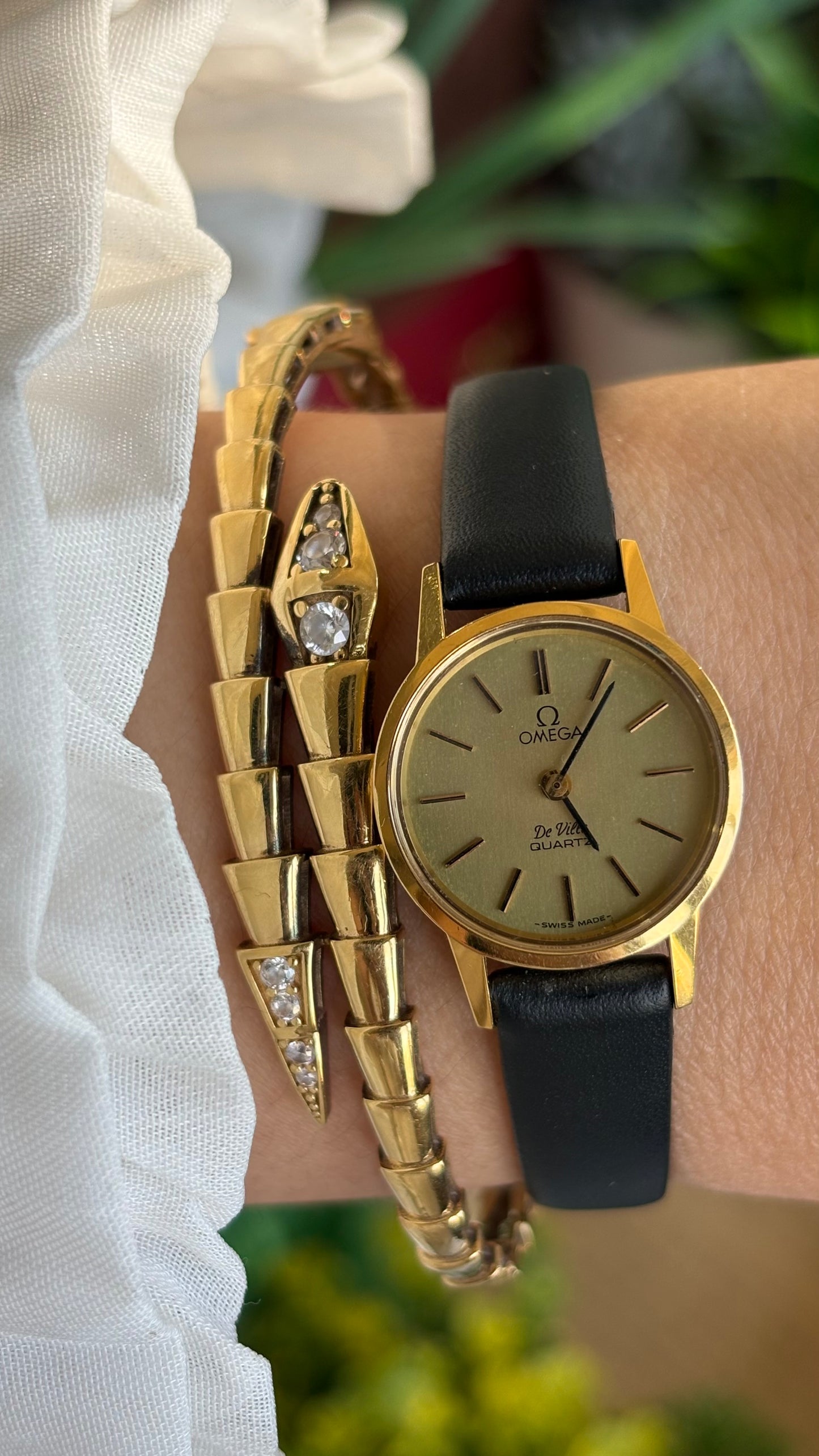 Vintage Omega De Ville Women's Dress Watch in Black Leather Strap Original Buckle