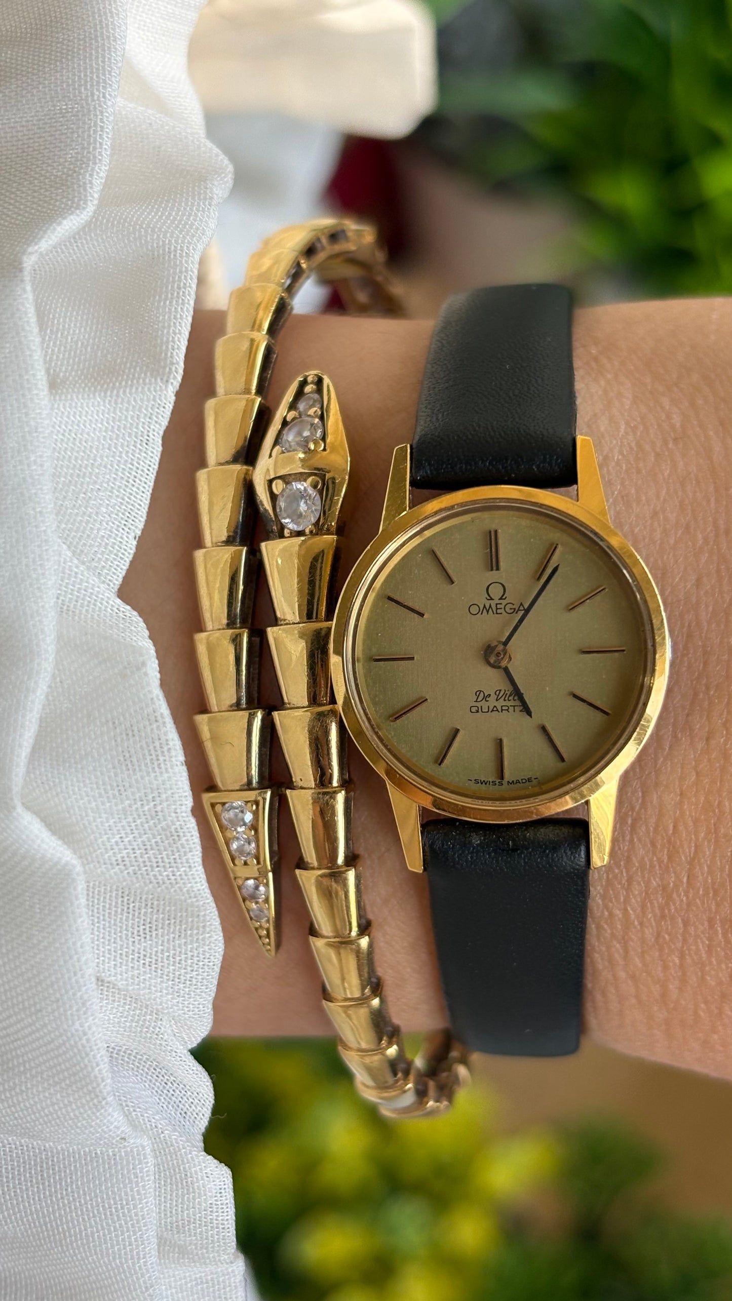Vintage Omega De Ville Women's Dress Watch in Black Leather Strap Original Buckle