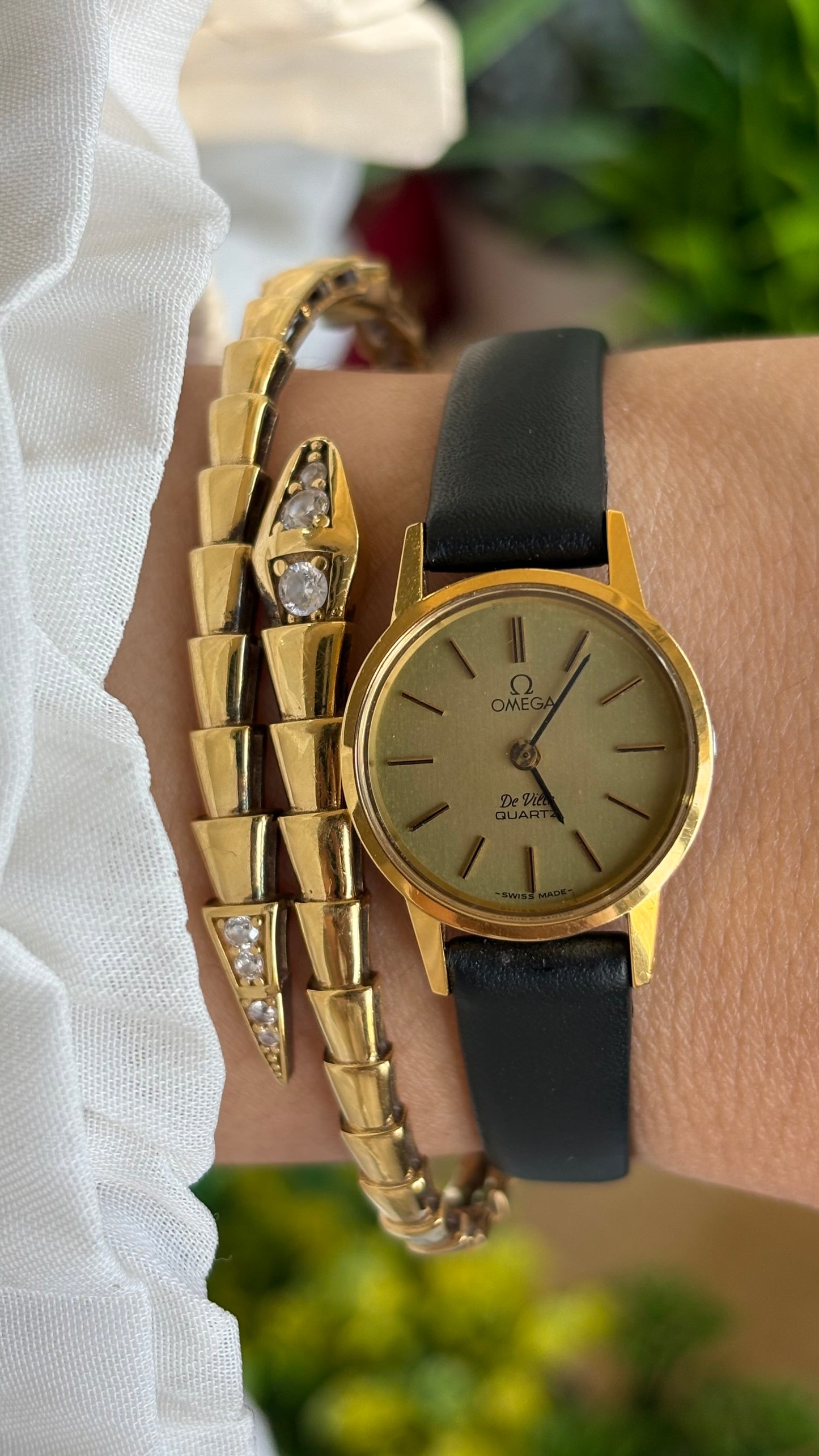 Vintage Omega De Ville Women's Dress Watch in Black Leather Strap Original Buckle
