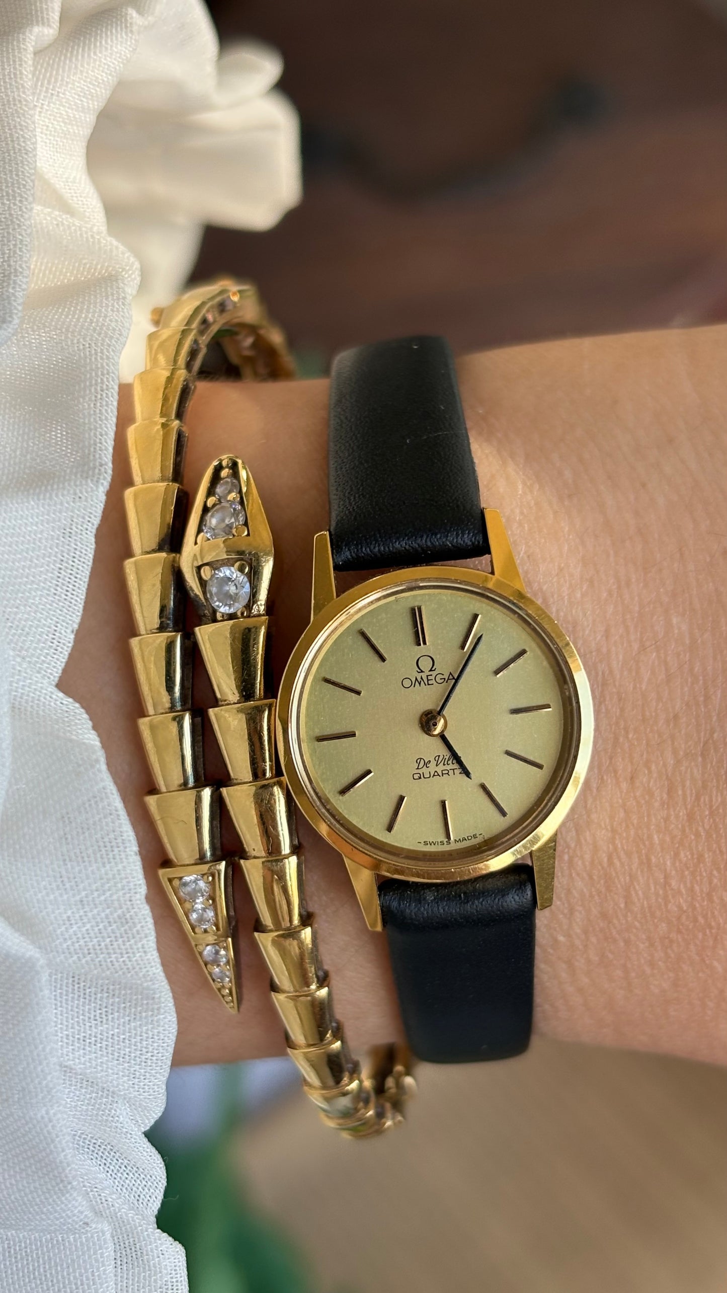 Vintage Omega De Ville Women's Dress Watch in Black Leather Strap Original Buckle