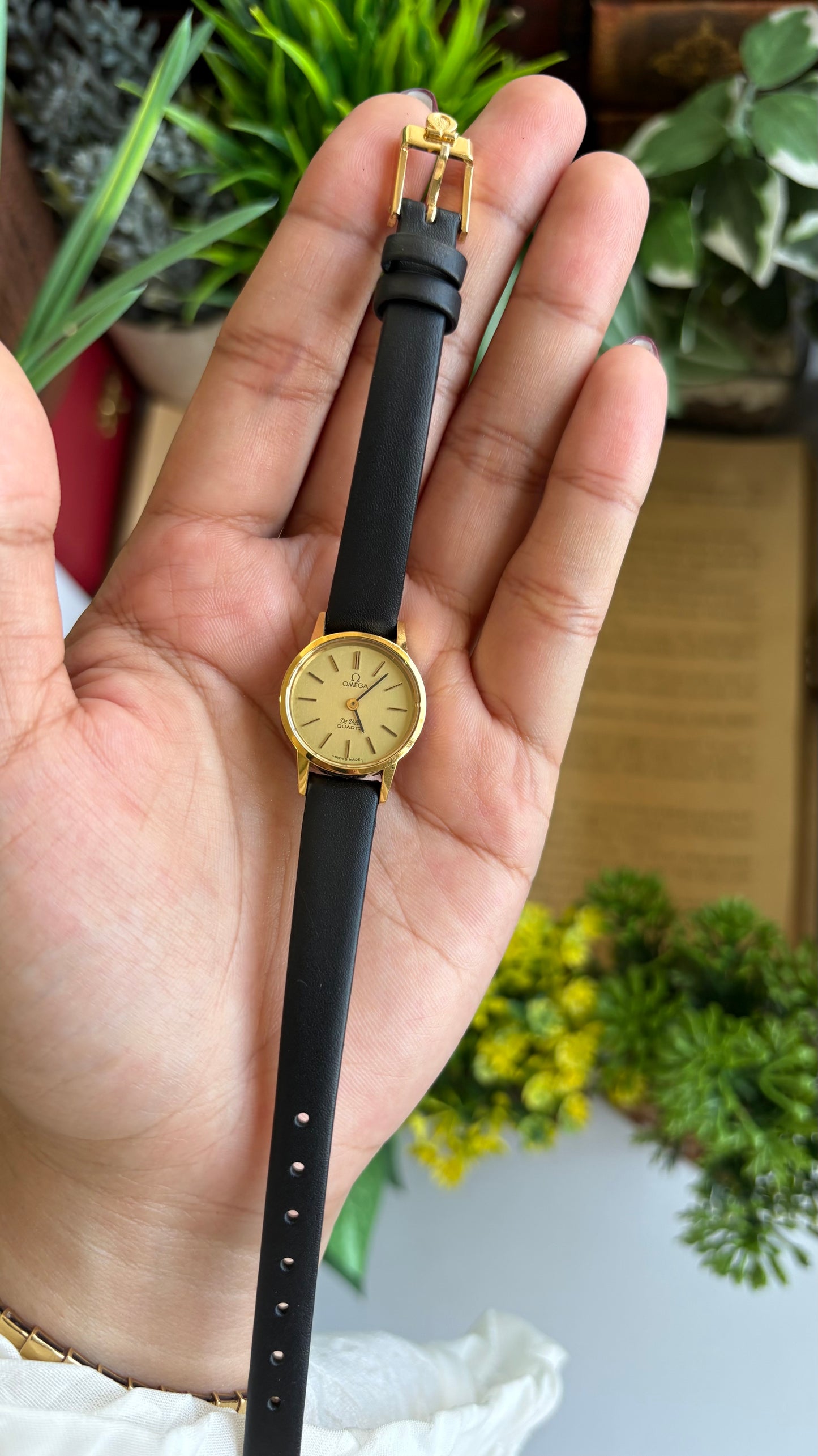 Vintage Omega De Ville Women's Dress Watch in Black Leather Strap Original Buckle