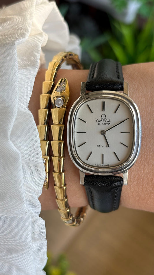 Vintage Omega De Ville Sleek Dress Watch in Black Leather Strap Rounded Rectangular Face Original Buckle
