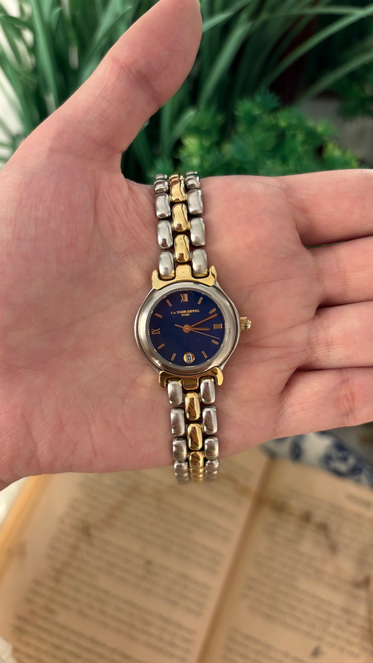 Vintage La Tour Eiffel Paris Midnight Blue Dial Date Window Watch in Two-Tone Quartz
