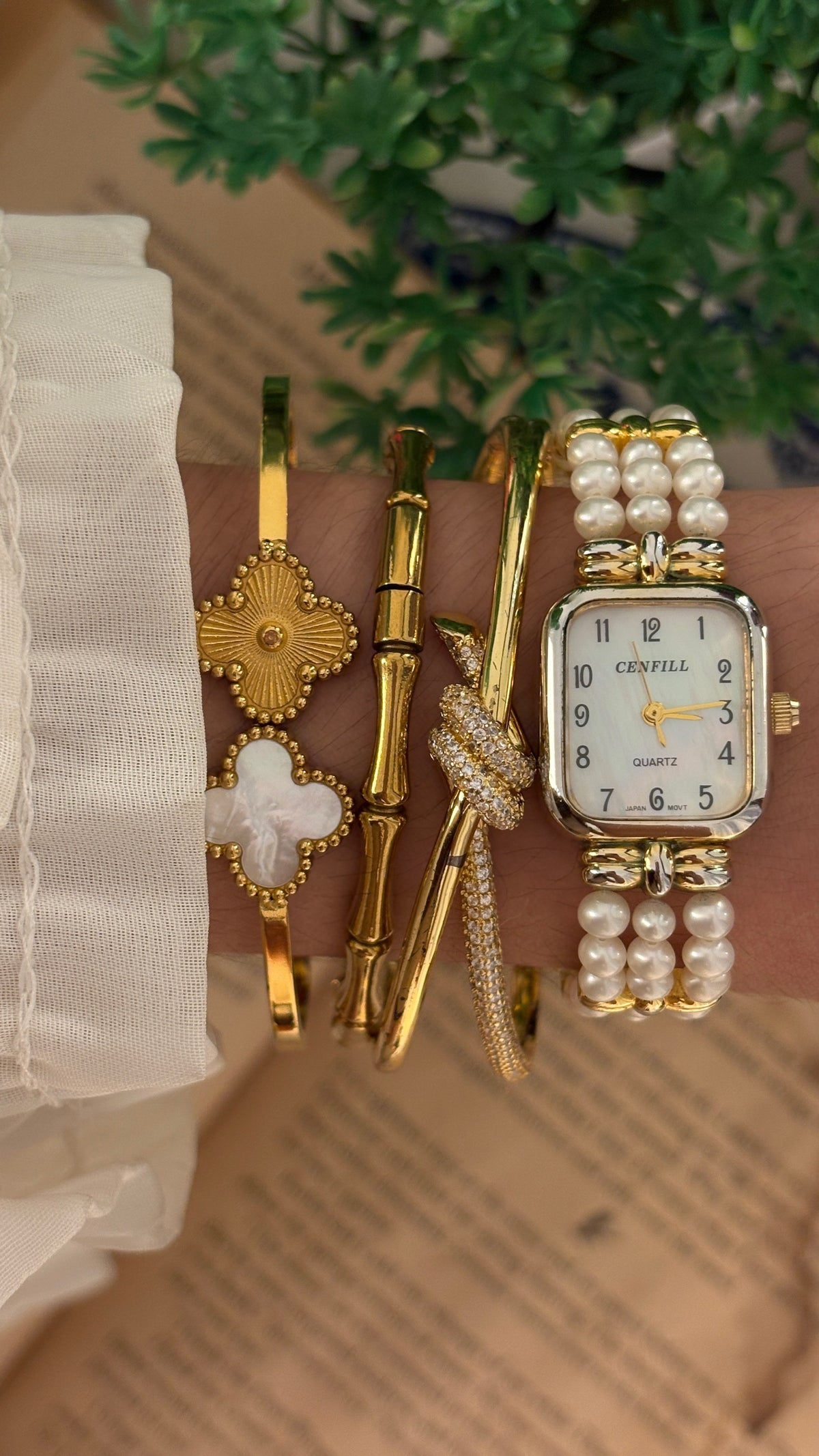 Rare Vintage Cenfill Faux Pearl Mother of Pearl Dial Bracelet Watch in Gold Tone Quartz