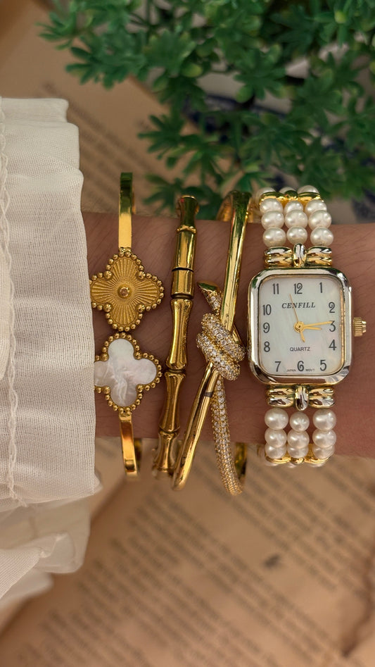 Rare Vintage Cenfill Faux Pearl Mother of Pearl Dial Bracelet Watch in Gold Tone Quartz