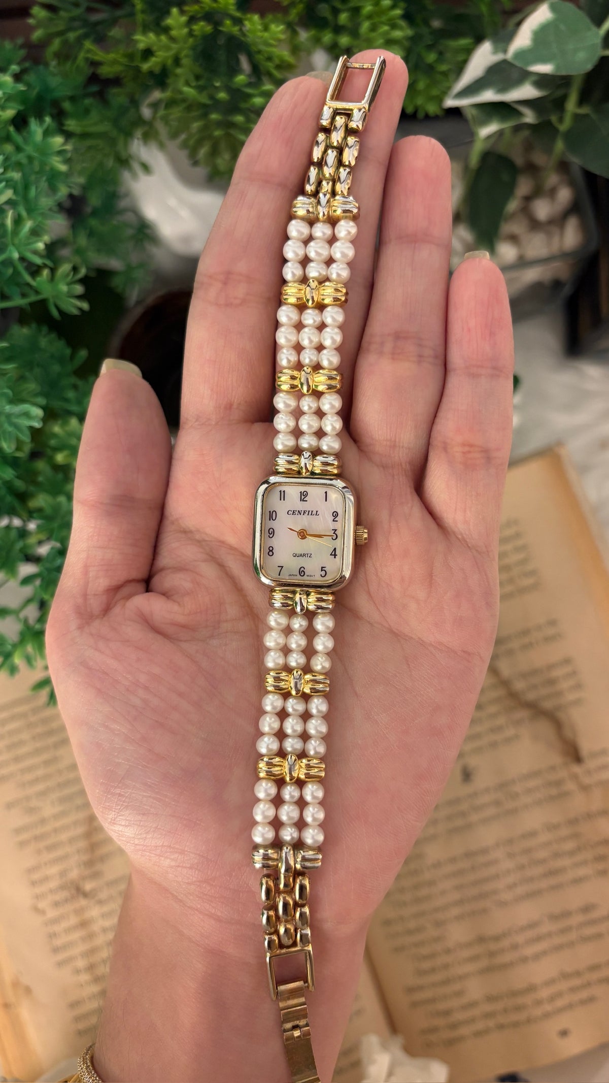 Rare Vintage Cenfill Faux Pearl Mother of Pearl Dial Bracelet Watch in Gold Tone Quartz