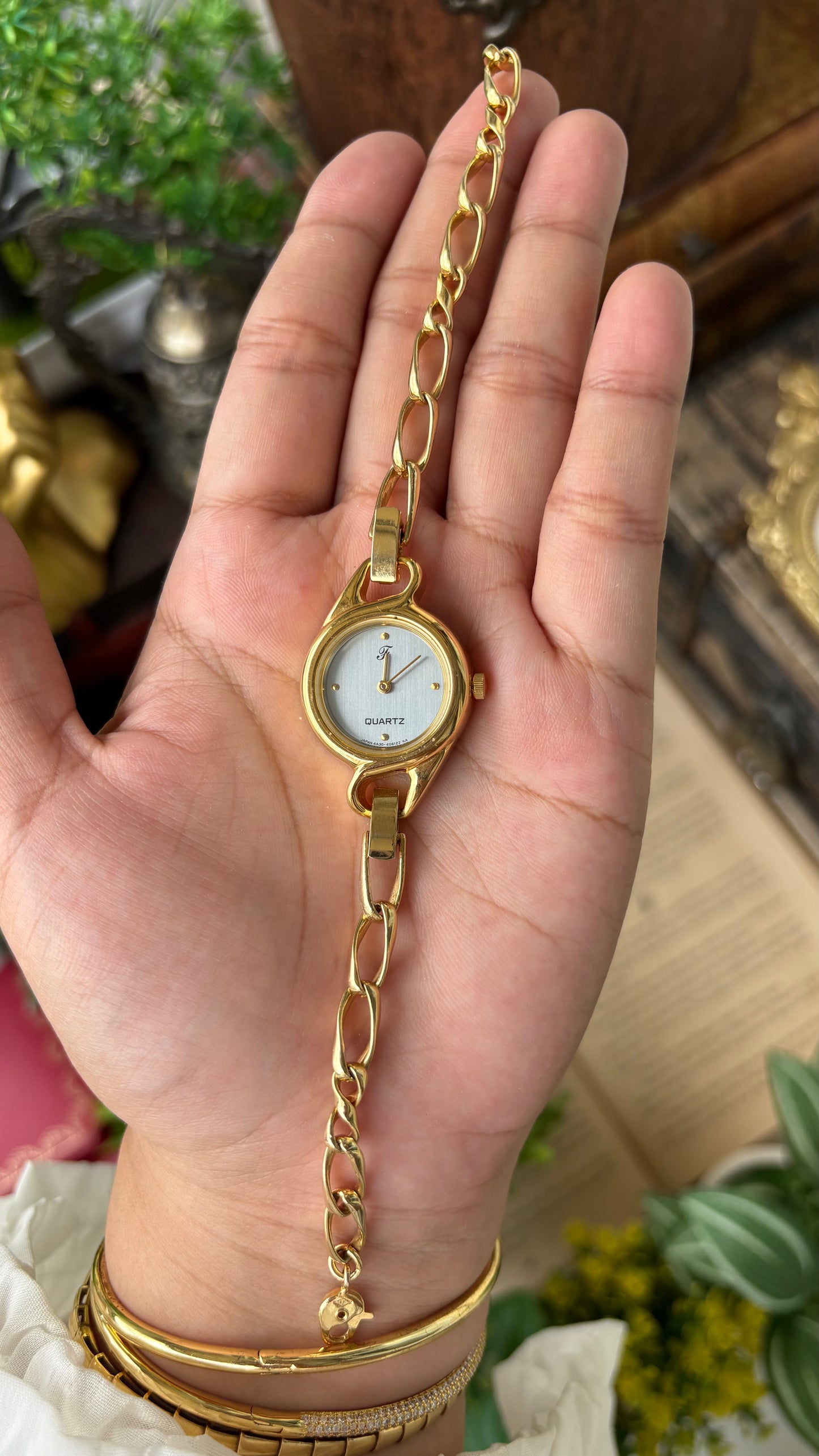 Rare Vintage Oppen Chain Watch in Gold Tone Unique Dial Quartz