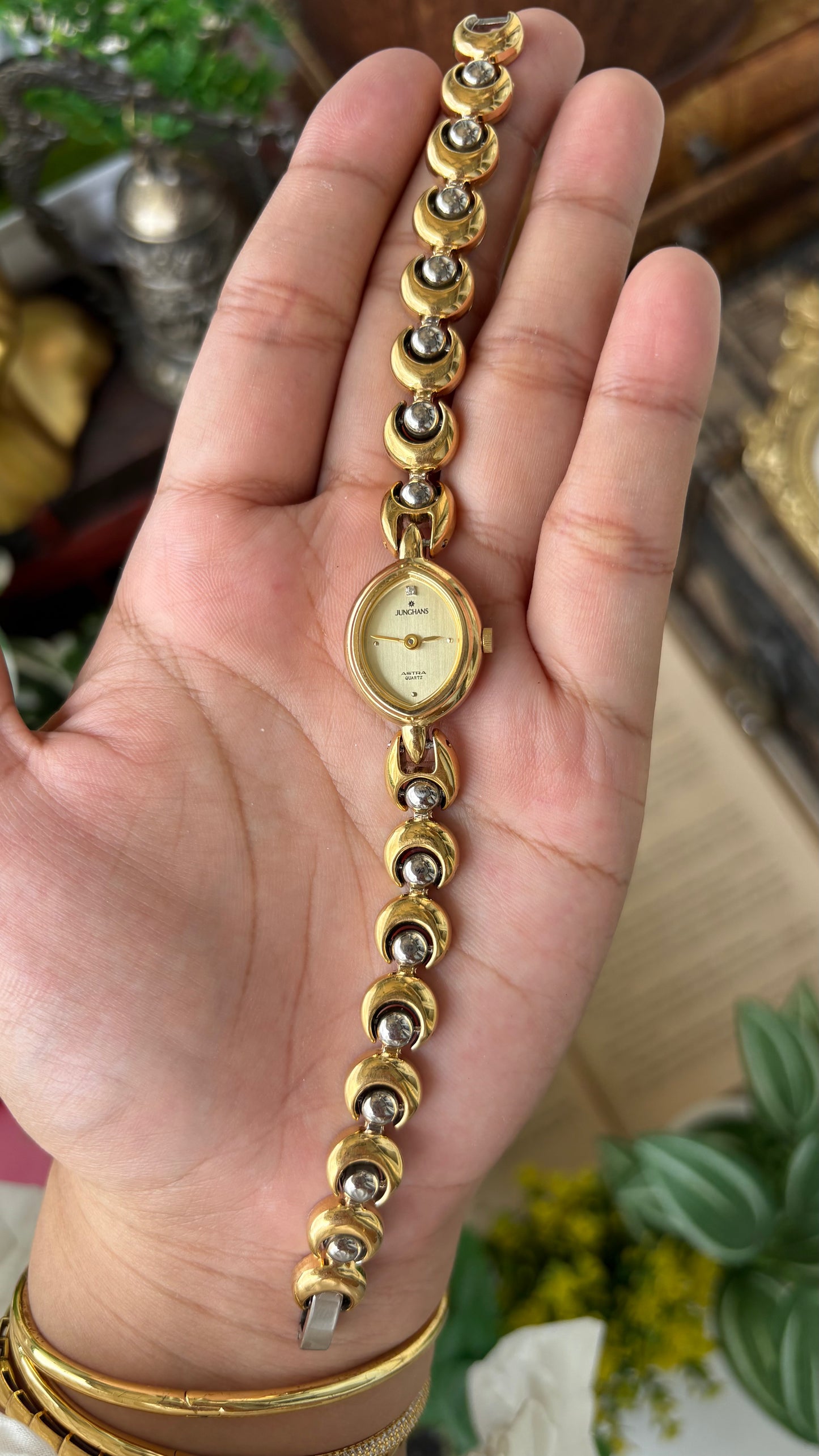 Vintage Dainty Junghans Astra Watch in Gold Tone Almond Dial Quartz