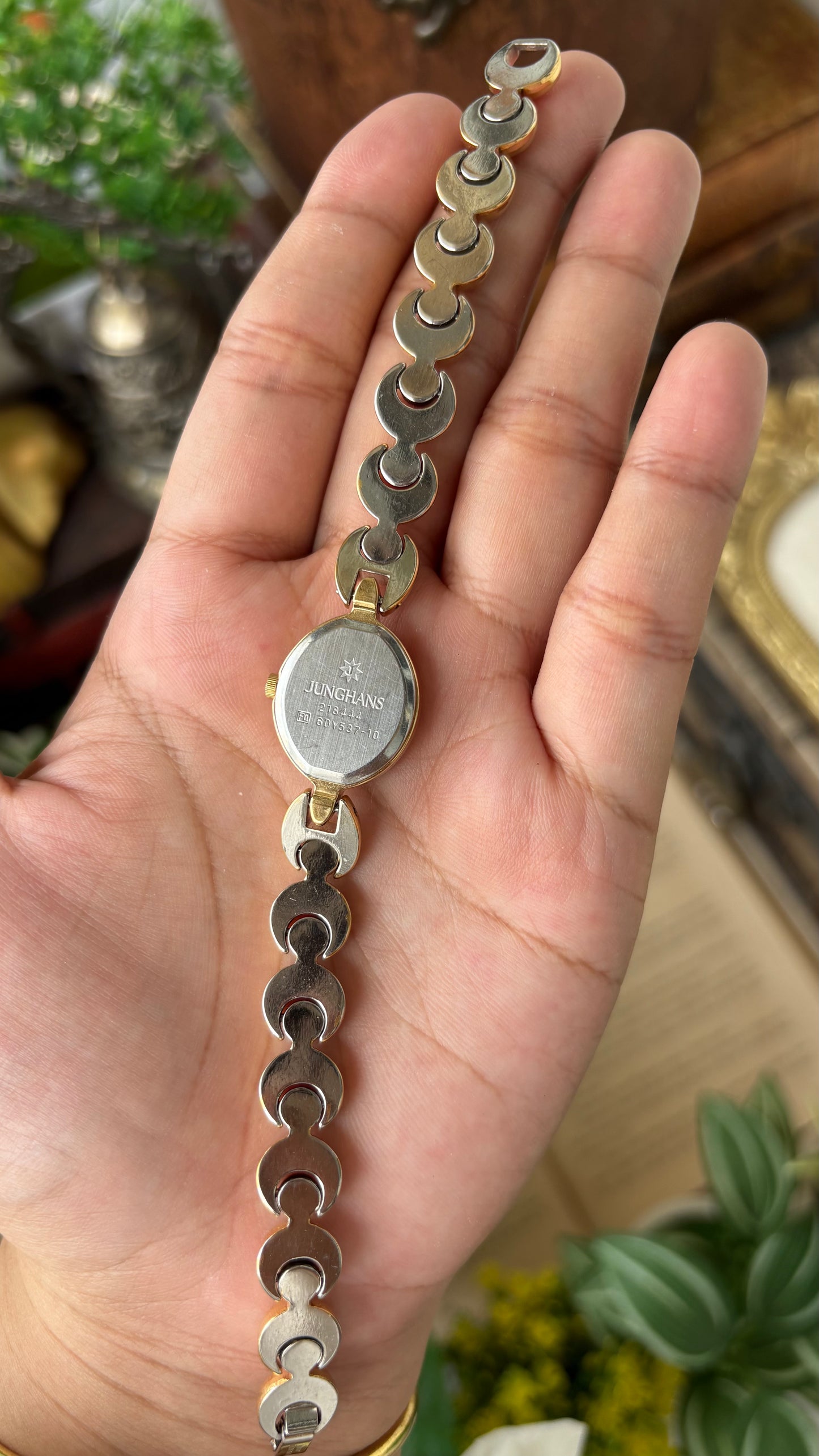 Vintage Dainty Junghans Astra Watch in Gold Tone Almond Dial Quartz