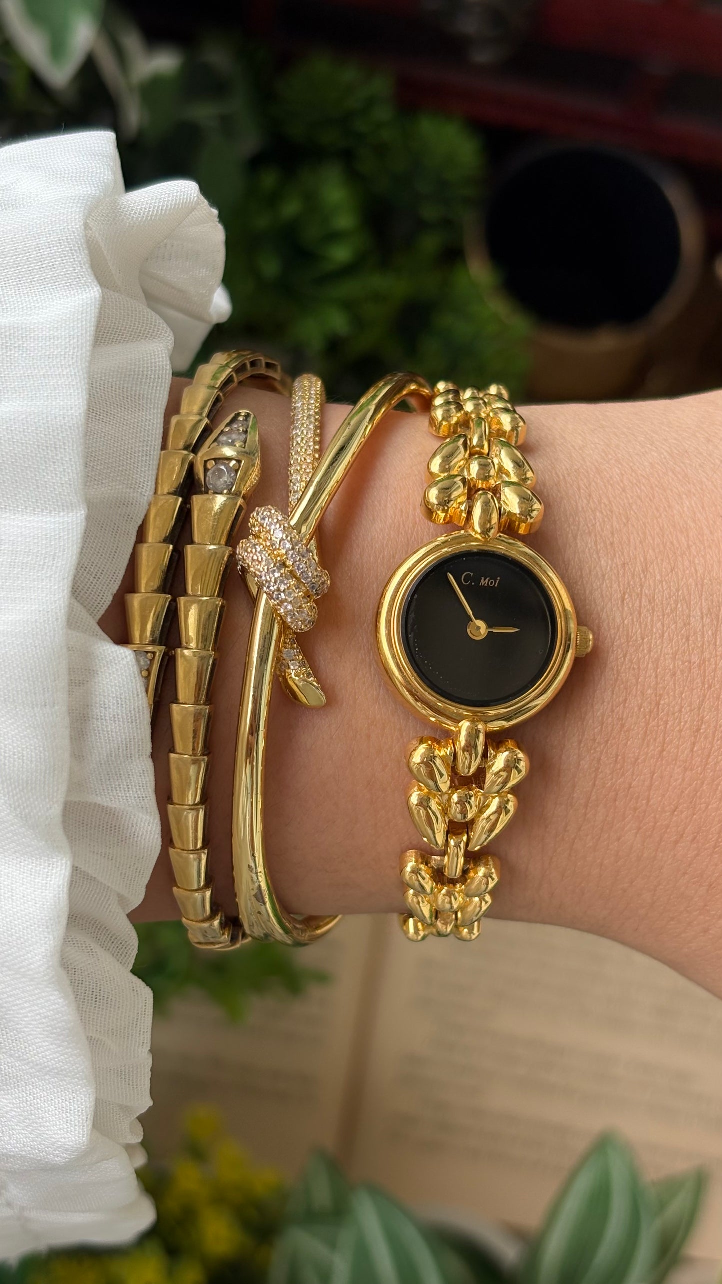 Vintage Dainty C.Moi Bracelet Watch in Gold Tone Black Minimalist Dial Quartz