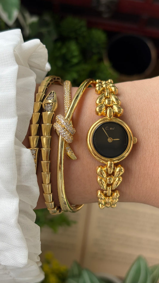 Vintage Dainty C.Moi Bracelet Watch in Gold Tone Black Minimalist Dial Quartz