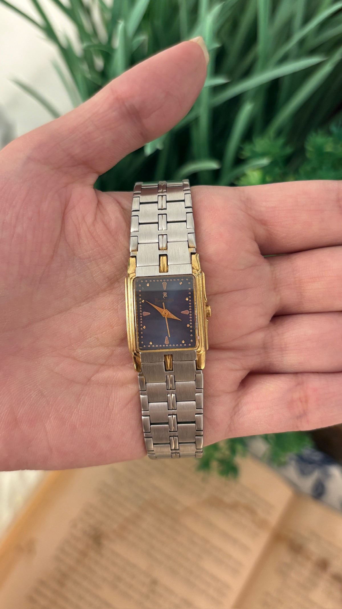 Vintage Romanette Blue Dial Tank Watch in Two-Tone Quartz