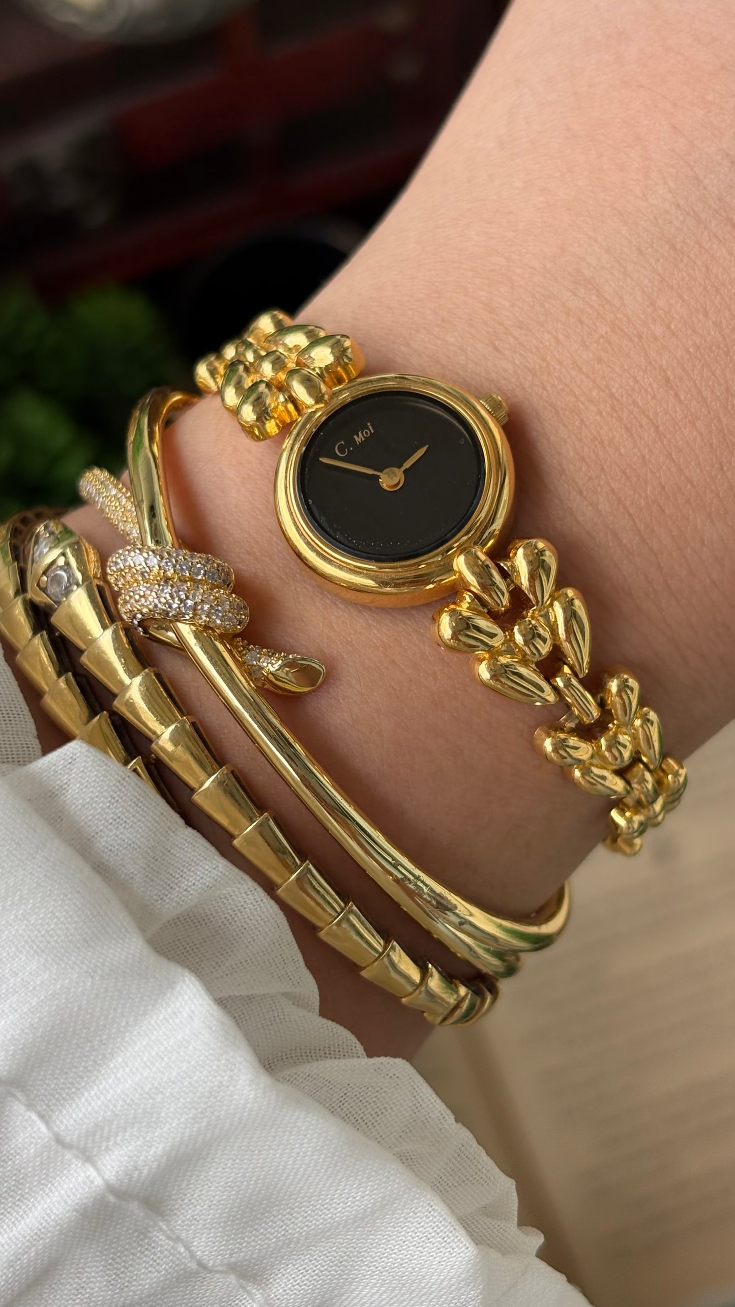 Vintage Dainty C.Moi Bracelet Watch in Gold Tone Black Minimalist Dial Quartz