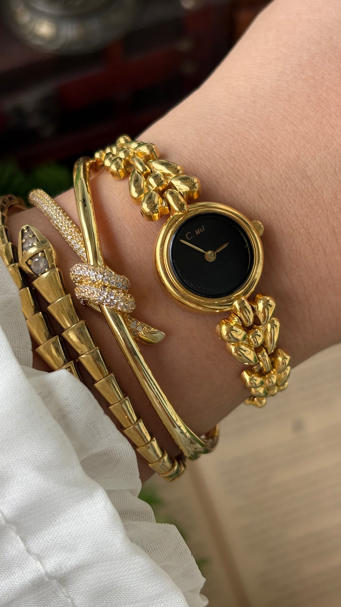 Vintage Dainty C.Moi Bracelet Watch in Gold Tone Black Minimalist Dial Quartz