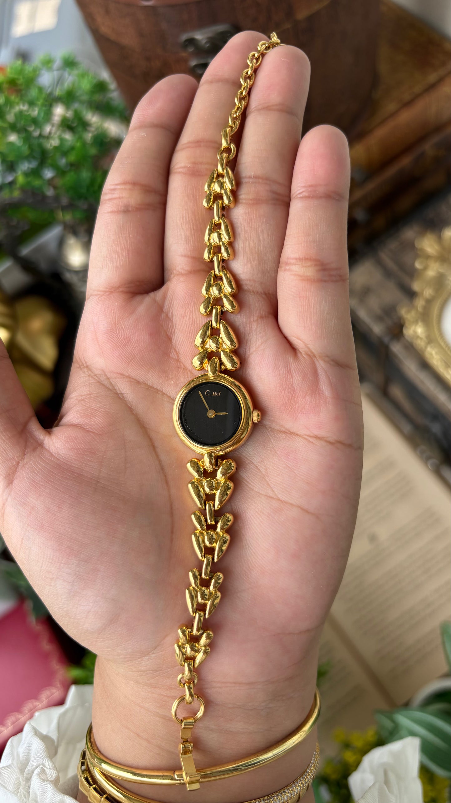 Vintage Dainty C.Moi Bracelet Watch in Gold Tone Black Minimalist Dial Quartz