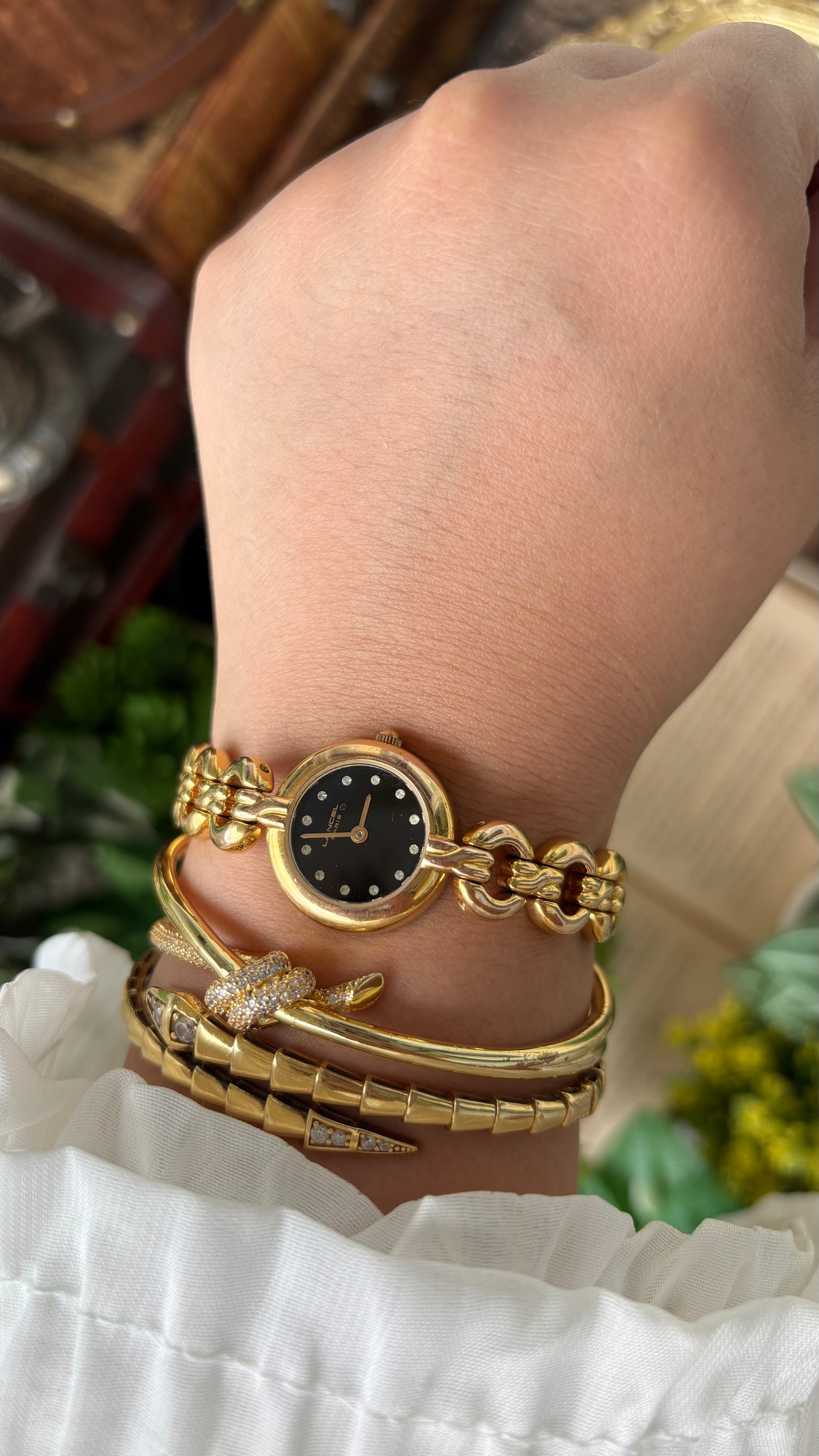 Extremely Rare Vintage Lancel Paris Swiss Chain Bracelet Watch in Gold Tone Rhinestone Black Dial Quartz