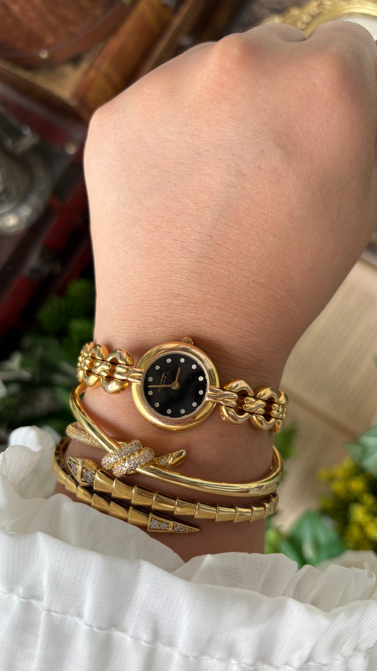 Extremely Rare Vintage Lancel Paris Swiss Chain Bracelet Watch in Gold Tone Rhinestone Black Dial Quartz