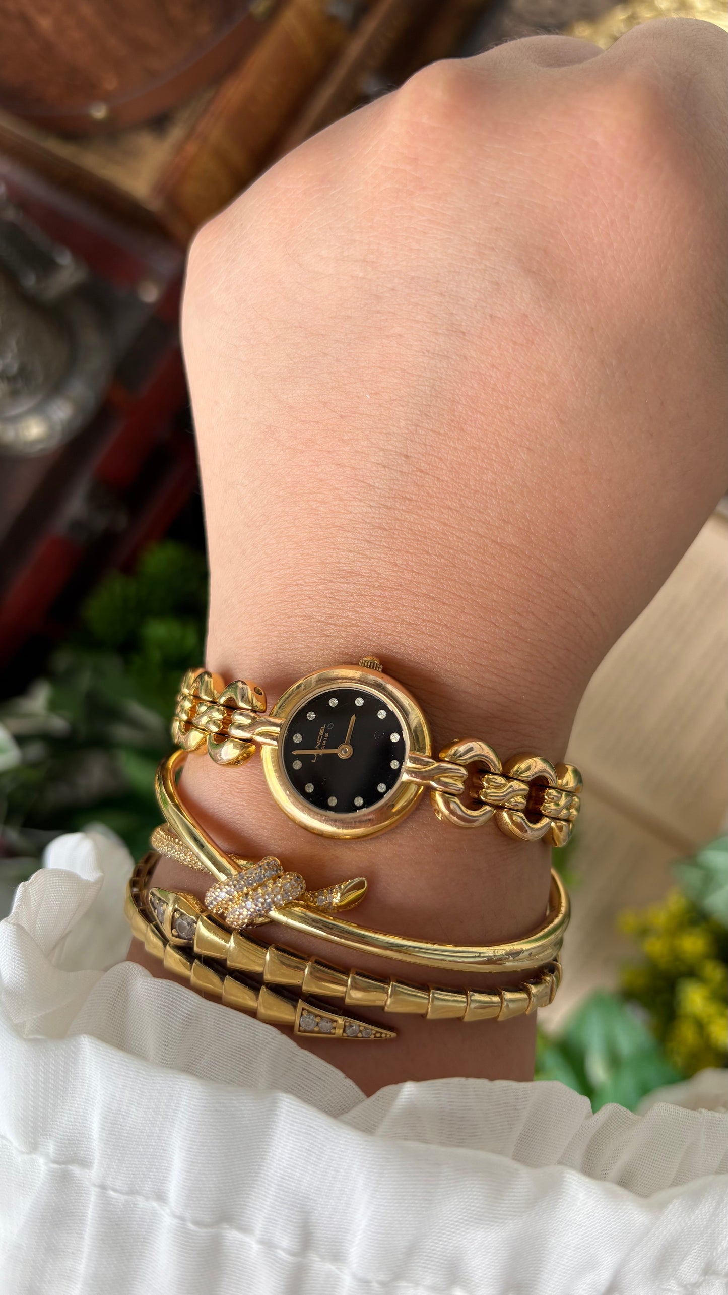 Extremely Rare Vintage Lancel Paris Swiss Chain Bracelet Watch in Gold Tone Rhinestone Black Dial Quartz