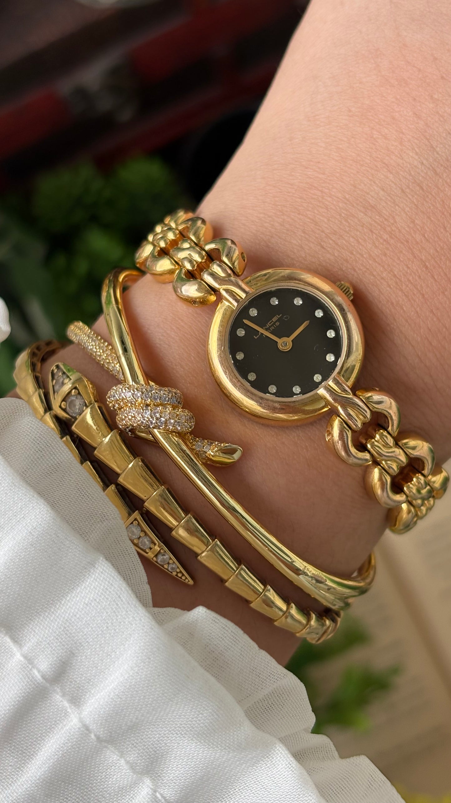 Extremely Rare Vintage Lancel Paris Swiss Chain Bracelet Watch in Gold Tone Rhinestone Black Dial Quartz